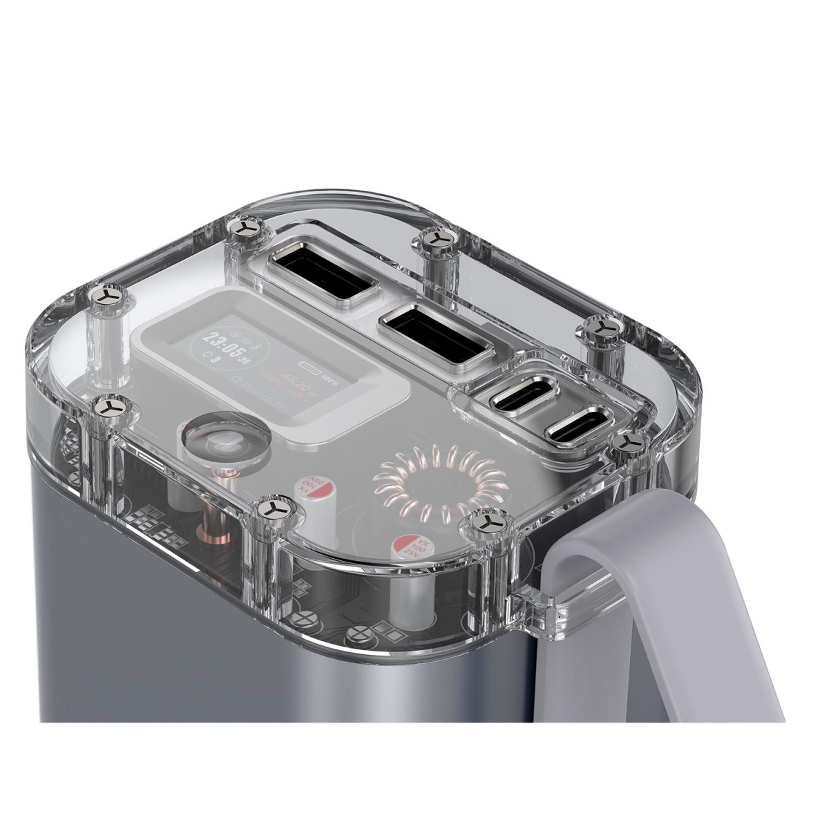 Gros plan d'une batterie externe transparente montrant les ports USB, l'écran et une poignée blanche.