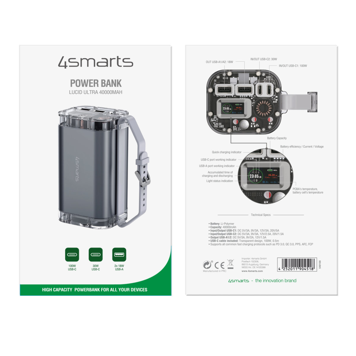 Batterie externe avec spécifications, ports et une poignée. Détails du texte : batterie externe haute capacité pour appareils.