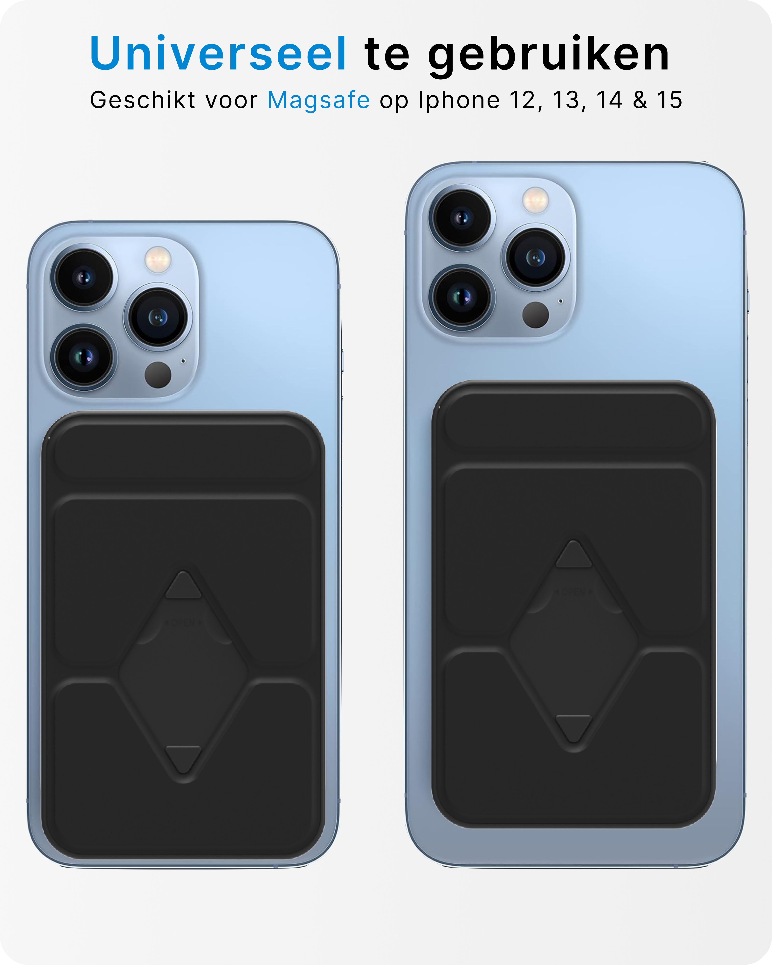 Zwei hellblaue iPhones mit schwarzen MagSafe-Geldbörsen. Text: 'Universell einsetzbar'.