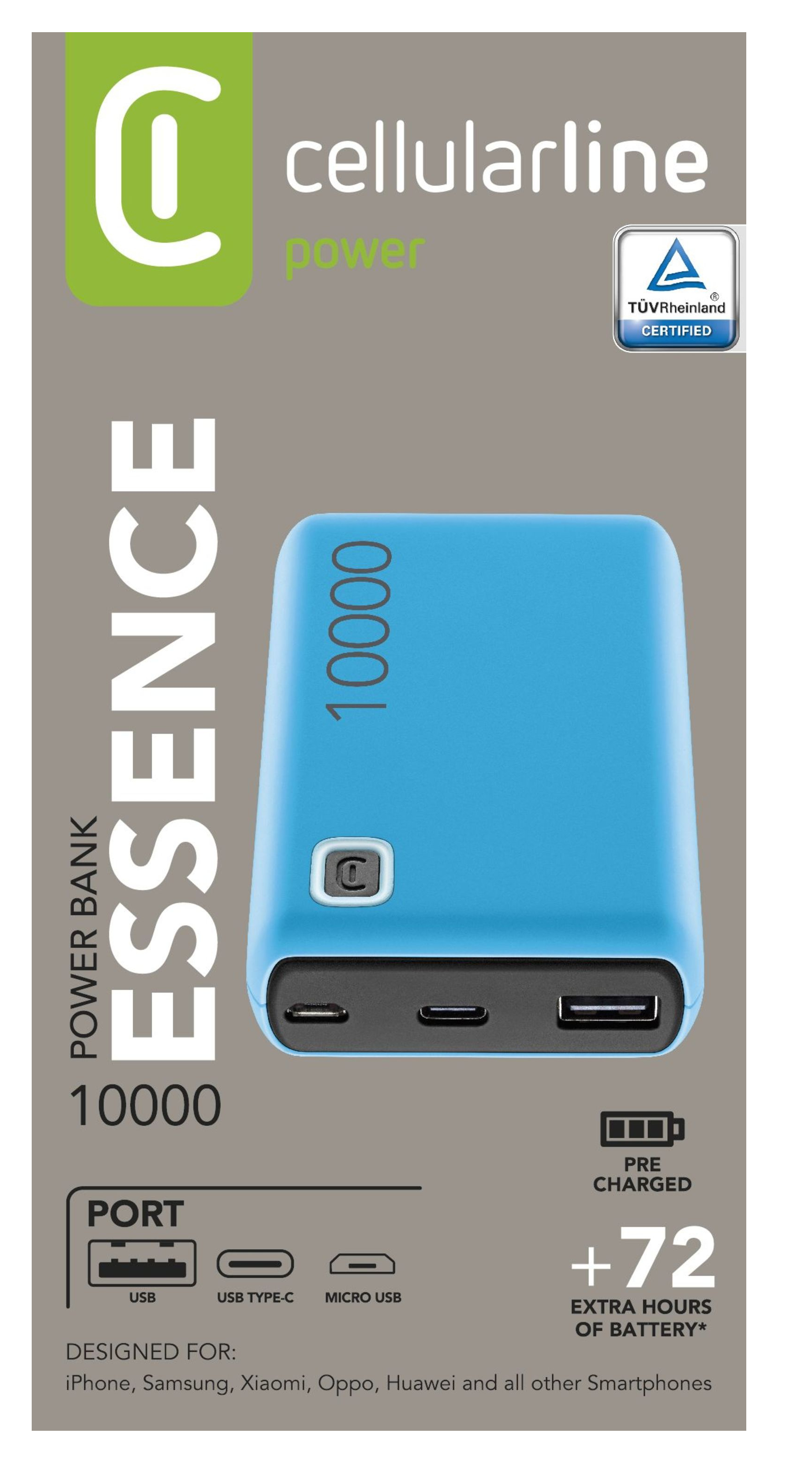 Un power bank blu con la scritta "ESSENCE" e "10000", con porte USB, USB-C e micro USB.