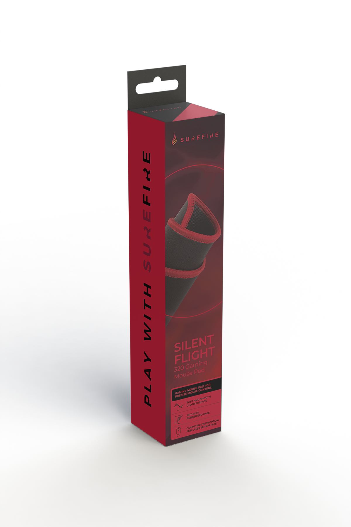 Czerwono-czarne pudełko na podkładkę pod mysz gamingową z logo Surefire.