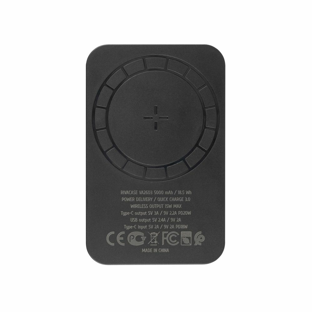 Un caricabatterie wireless nero con un pad di ricarica circolare e un logo. Lo sfondo è bianco.