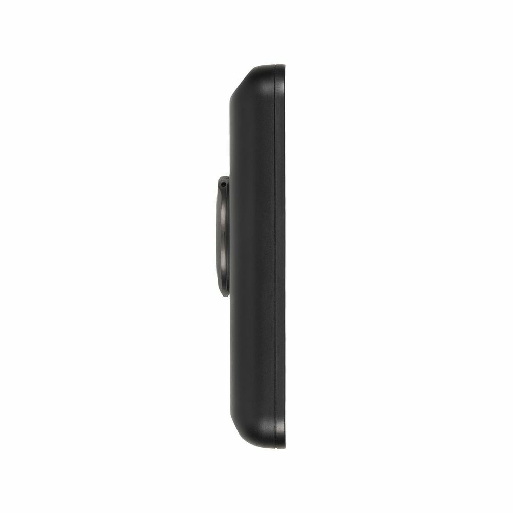 Dispositivo nero, vista laterale, probabilmente un telefono o tablet.