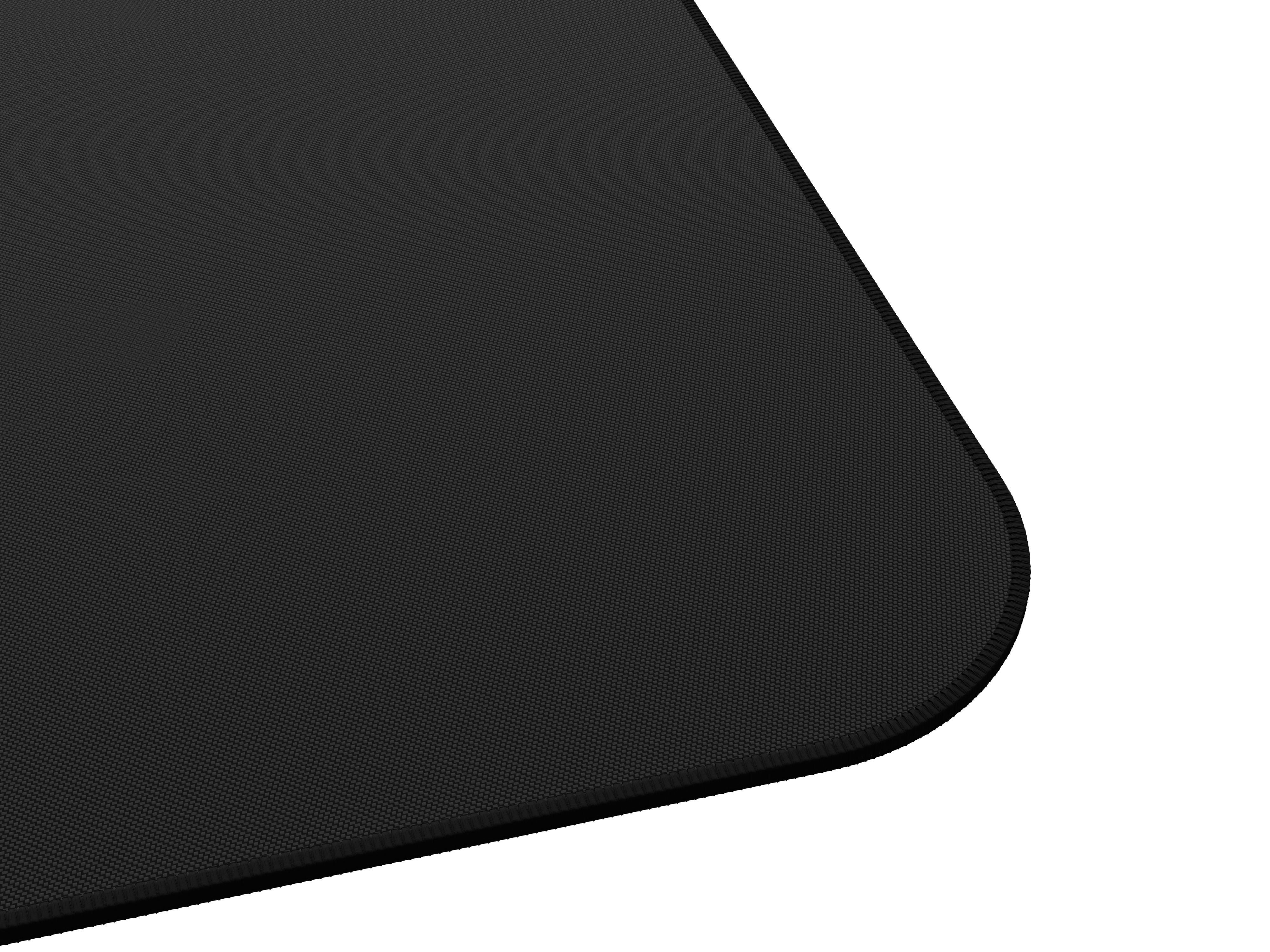 Surface noire texturée avec un coin arrondi sur fond blanc. La texture semble être du tissu.