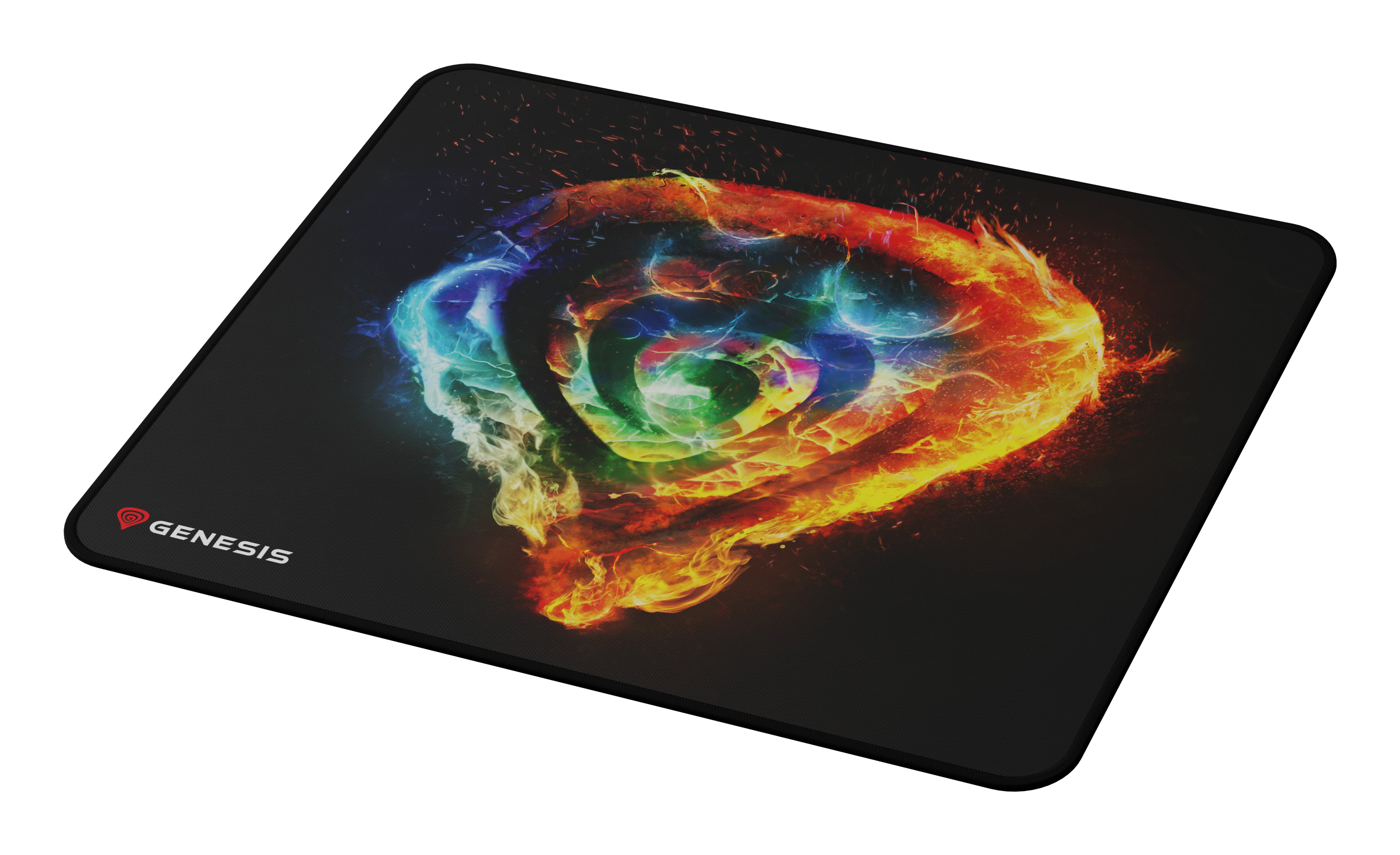 Tapis de souris avec un design d'œil coloré, logo Genesis, sur une surface noire.