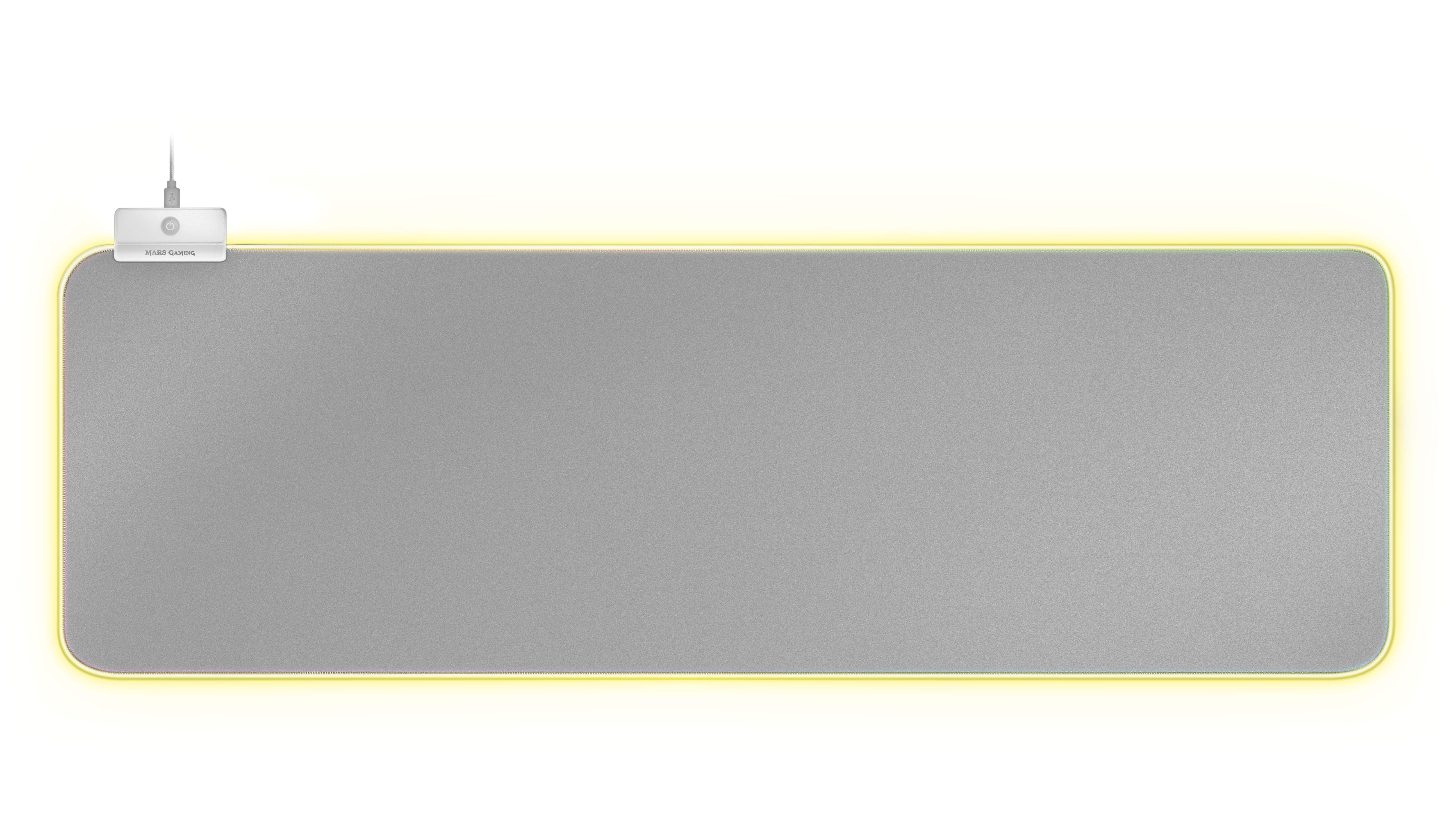 Prostokątna szara podkładka pod mysz z żółtą świecącą krawędzią. Dołączony mały, biały kontroler.