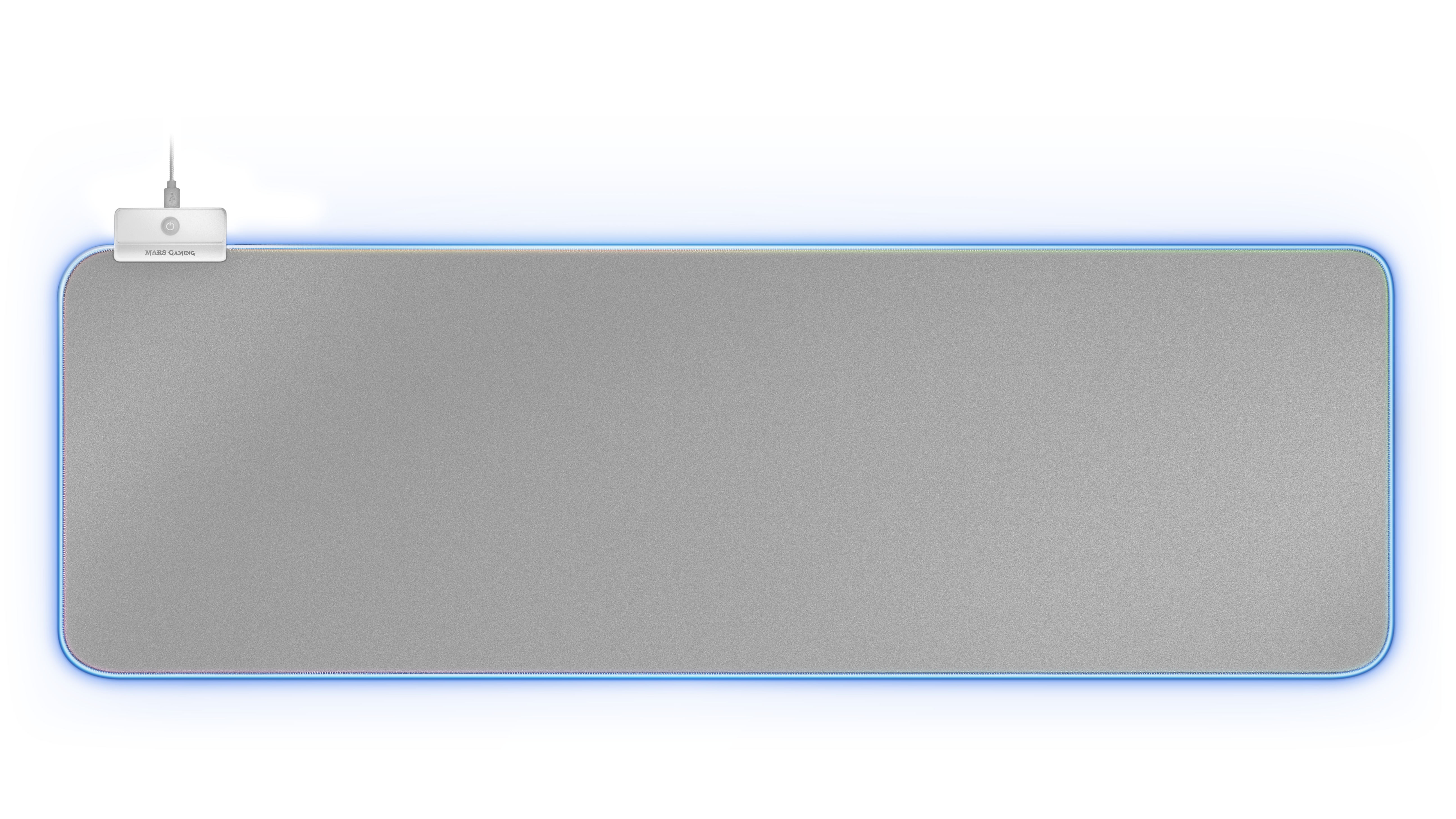 Szara prostokątna podkładka pod mysz z niebieską świecącą obwódką. Na górze białe złącze.