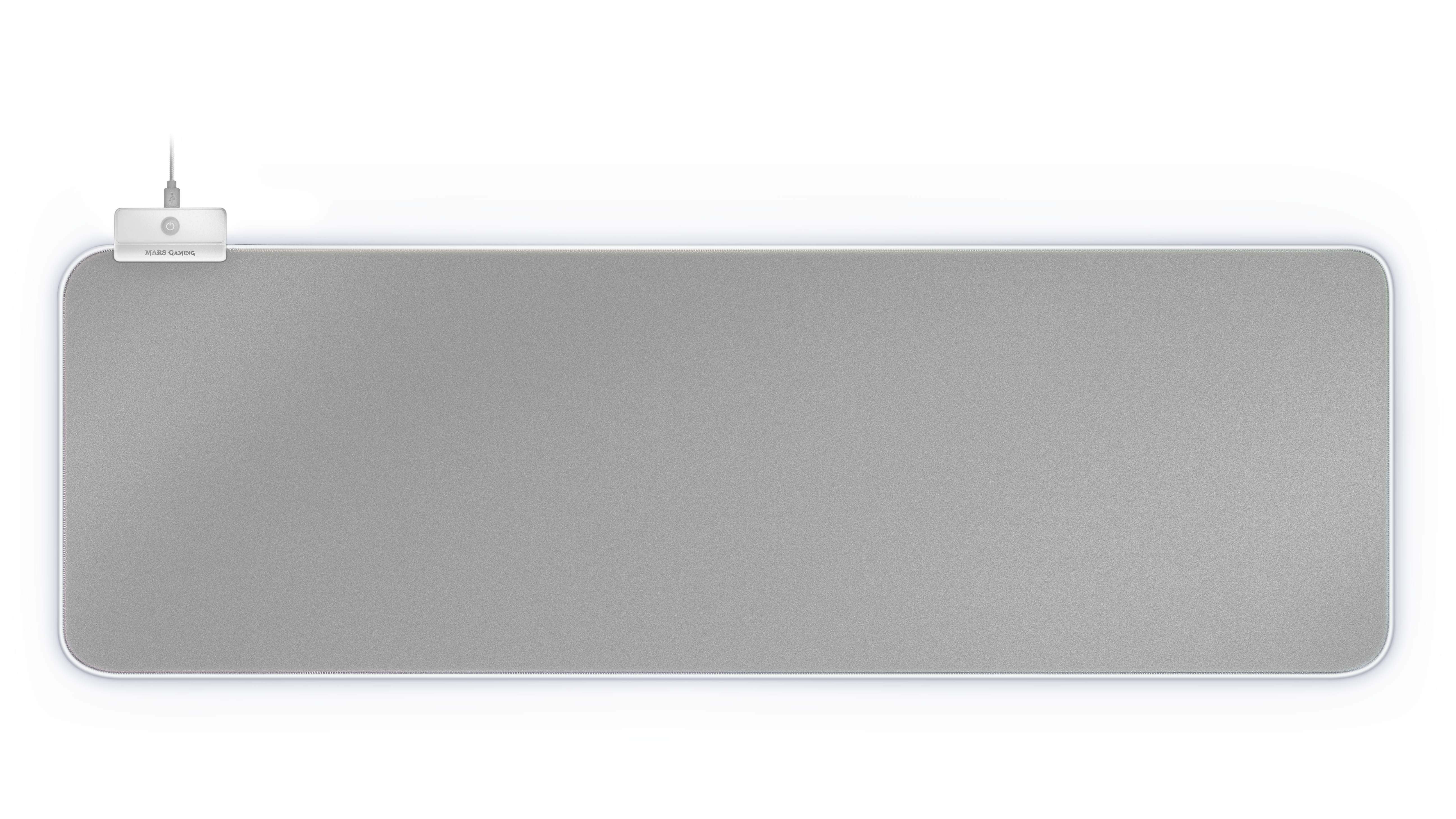 Długa szara podkładka pod mysz z białym obramowaniem i małym panelem sterowania po lewej stronie.