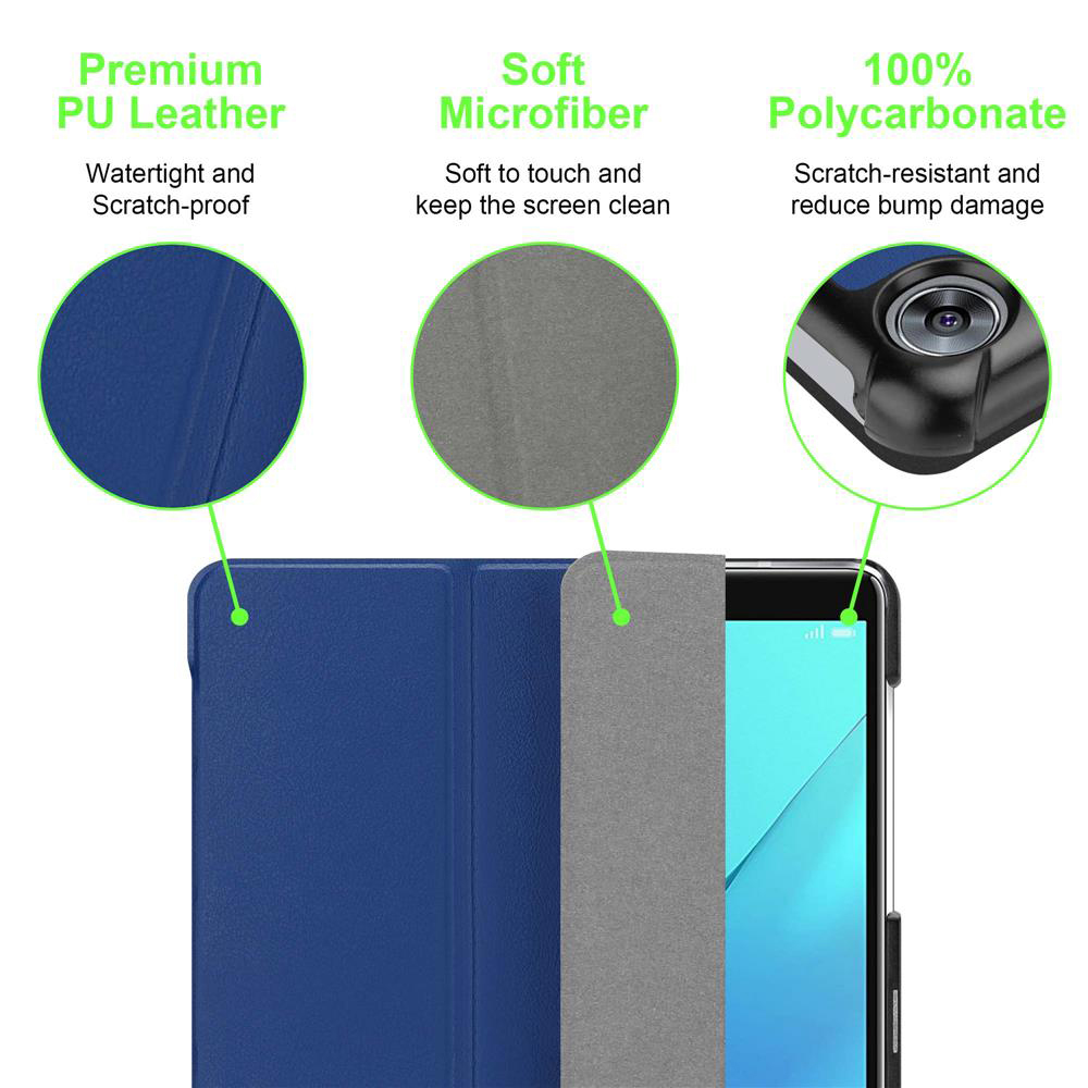 Nahaufnahme einer Tablet-Hülle, die PU-Leder, Mikrofaser und Polycarbonat-Komponenten zeigt.