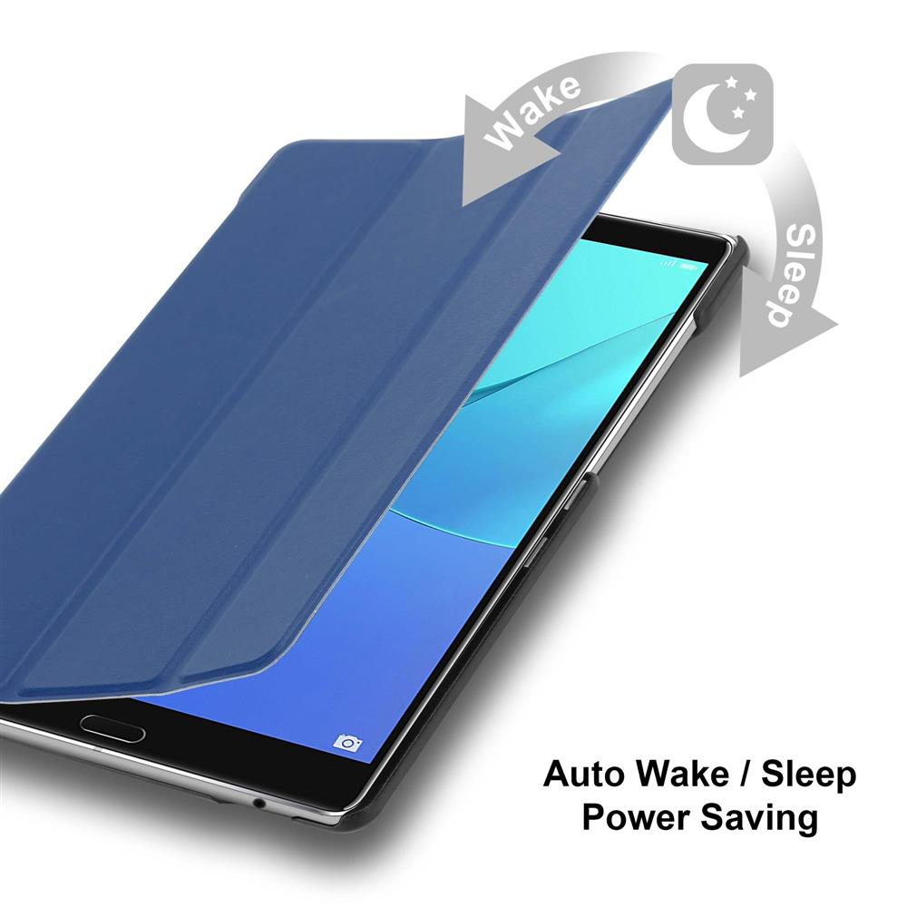 Blaue Tablet-Hülle geöffnet, Tablet-Bildschirm sichtbar. Text zeigt Wake/Sleep-Funktion.