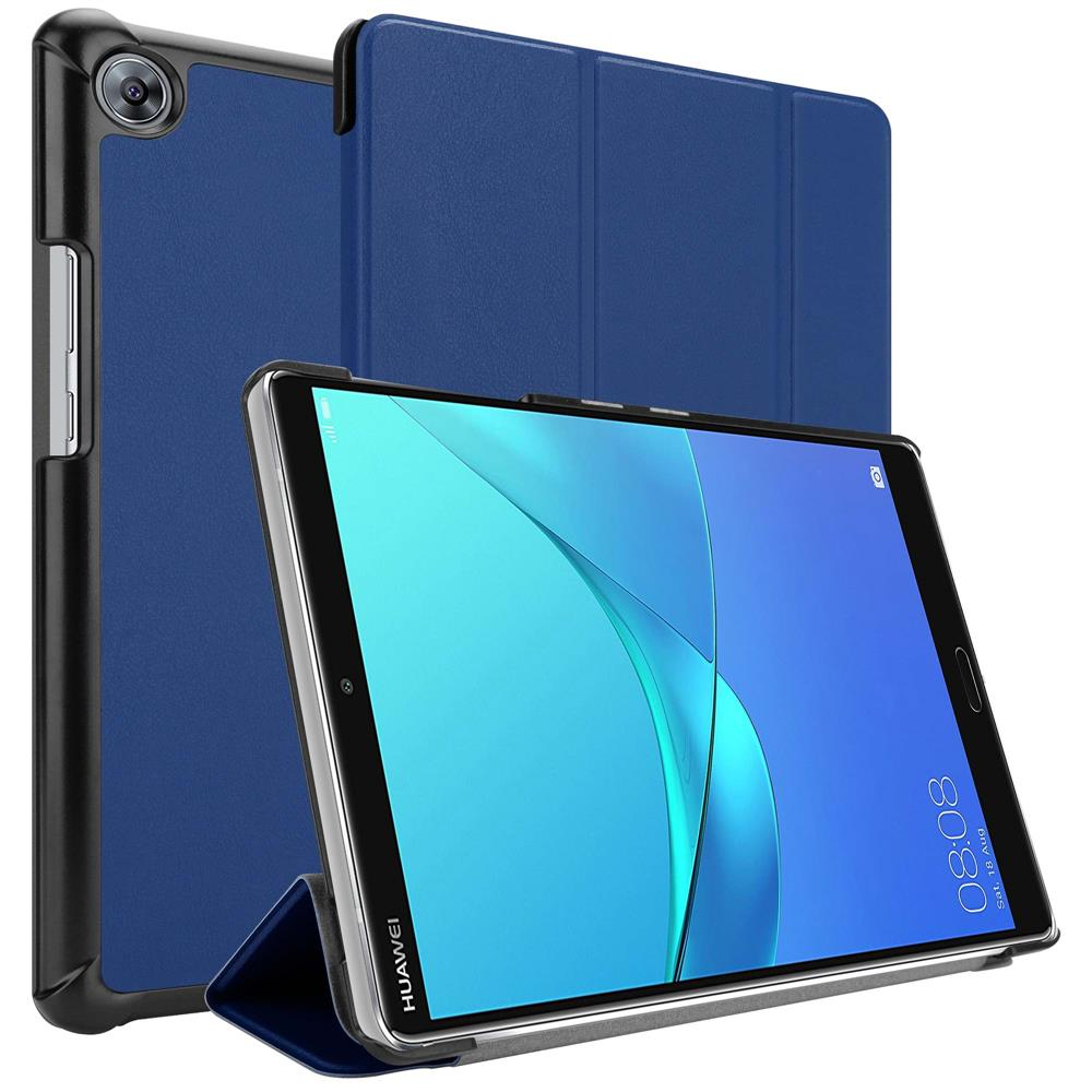 Eine blaue Tablet-Hülle mit einem Tablet. Das Tablet zeigt ein blaues Display mit der Uhrzeit und der Marke Huawei.