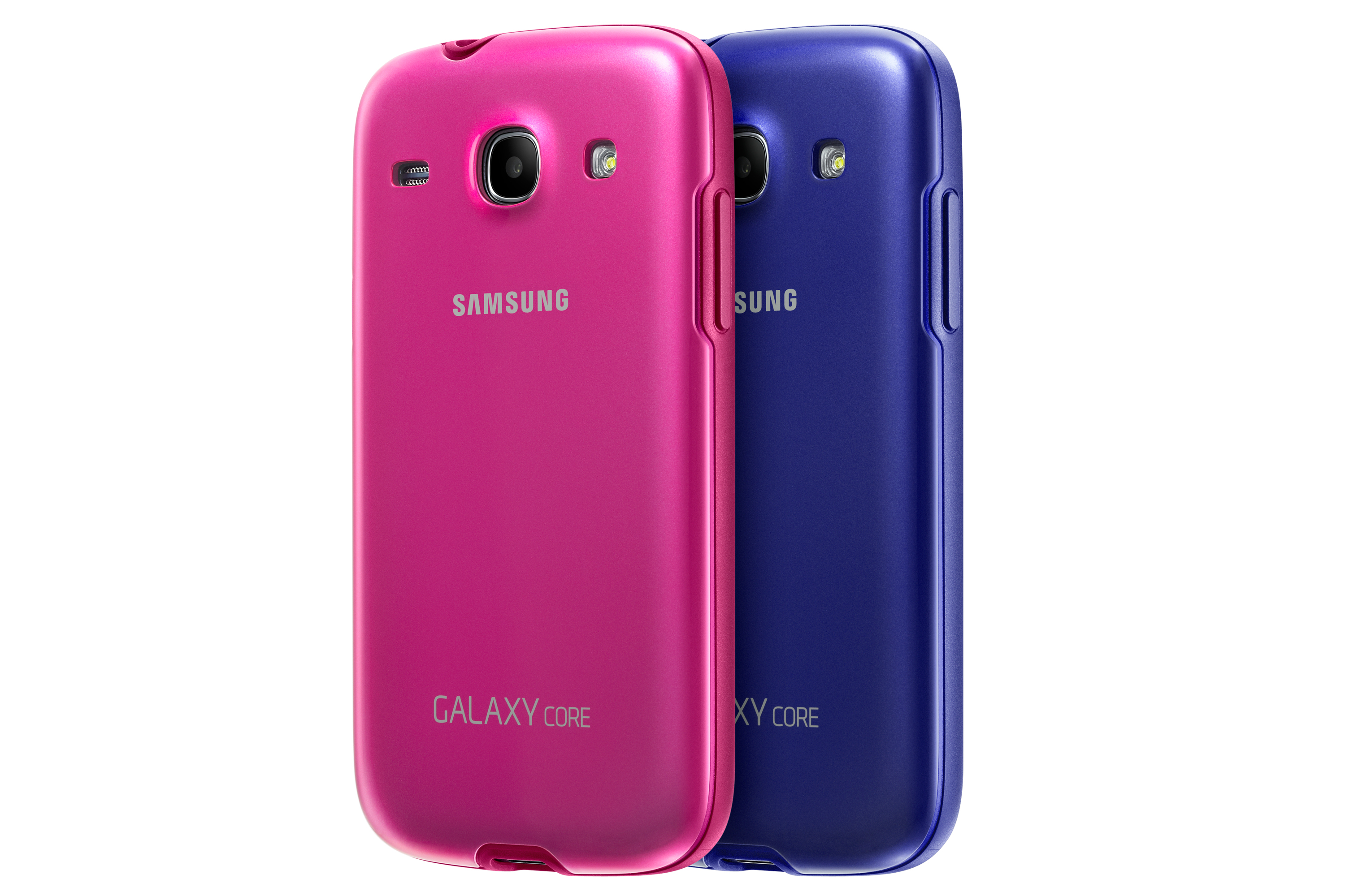 Due telefoni Samsung Galaxy Core, rosa e blu, viste posteriori.