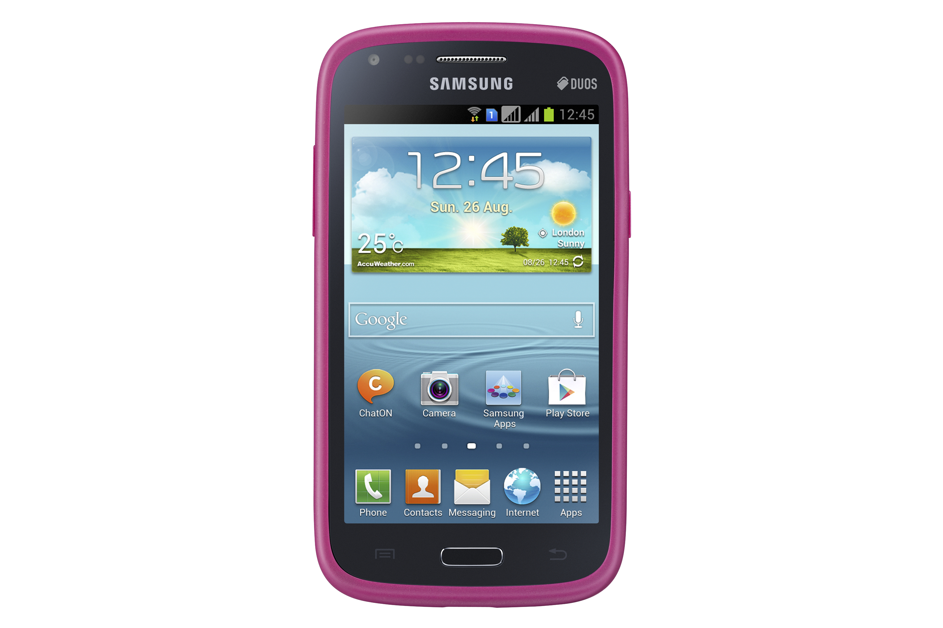 Un telefono Samsung rosa con touchscreen che mostra ora e app.