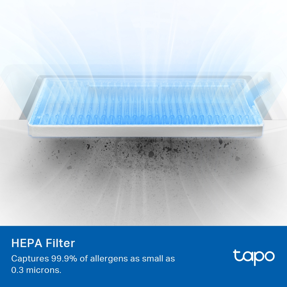 Filtr HEPA z niebieskim wzorem przepływu powietrza, wychwytujący alergeny i logo Tapo.
