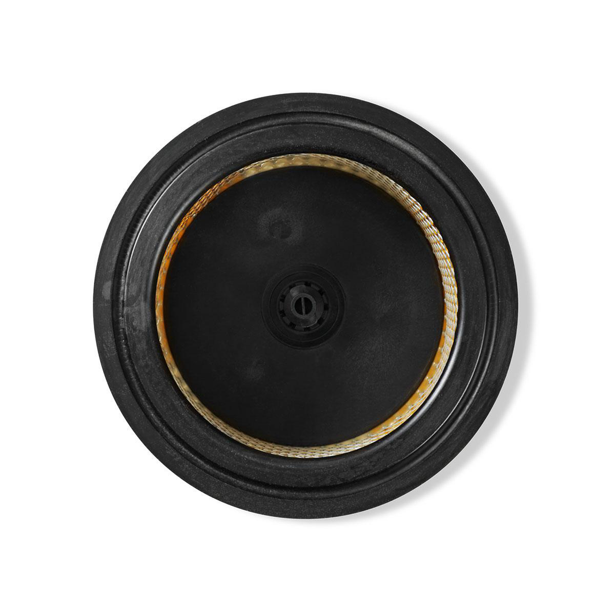 Circular filter. Black outer ring, a beige-colored, mesh-like center with a black core.