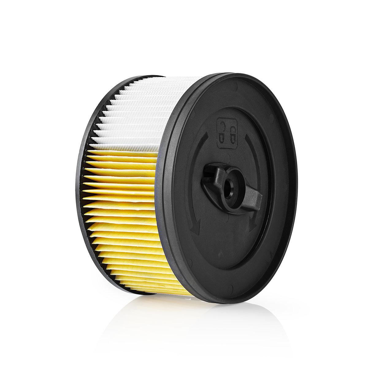 Cylindrical air filter with yellow and white layers, black edges, and a central black knob on white background.
