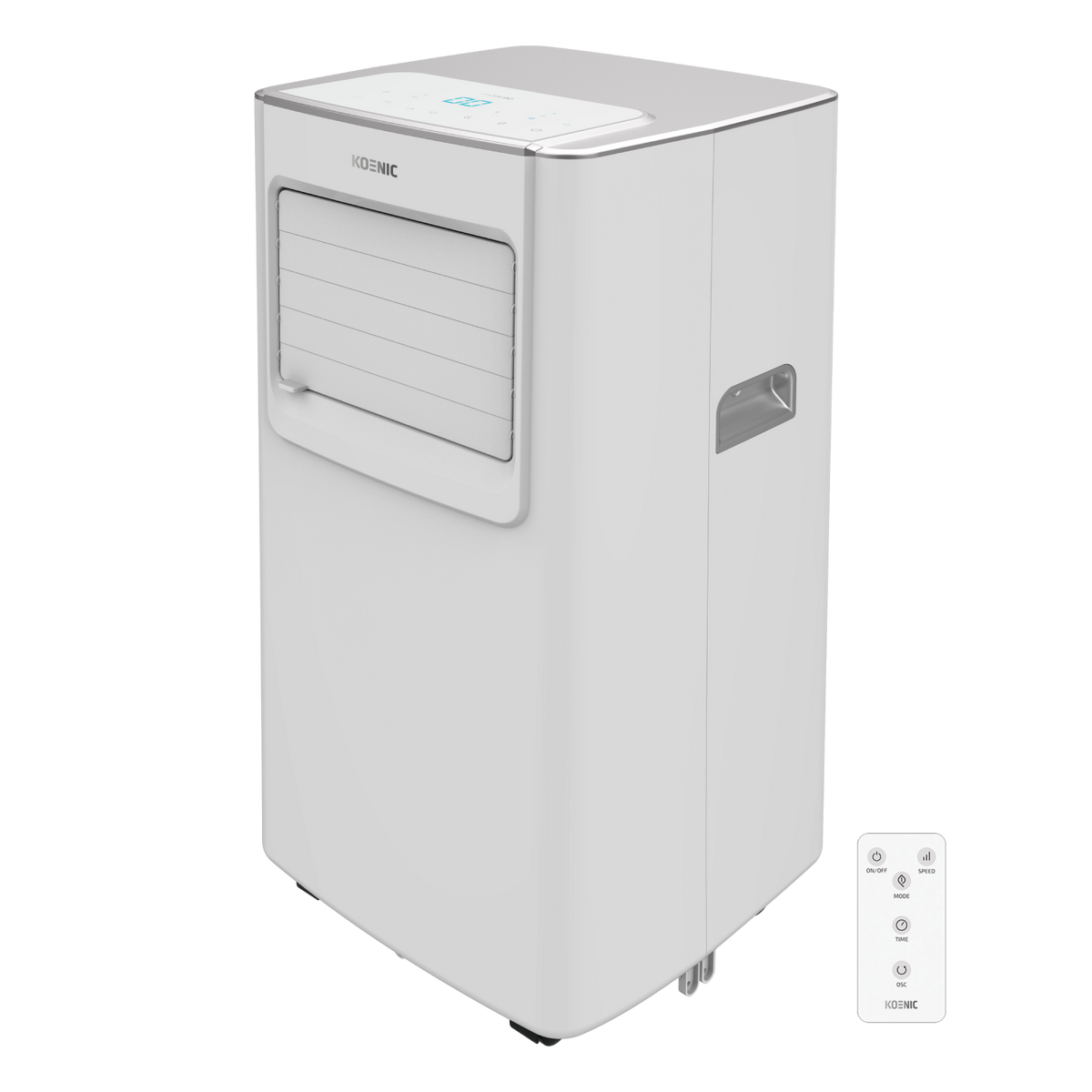 Aire acondicionado blanco con mando a distancia. Tiene un diseño rectangular con rejillas.