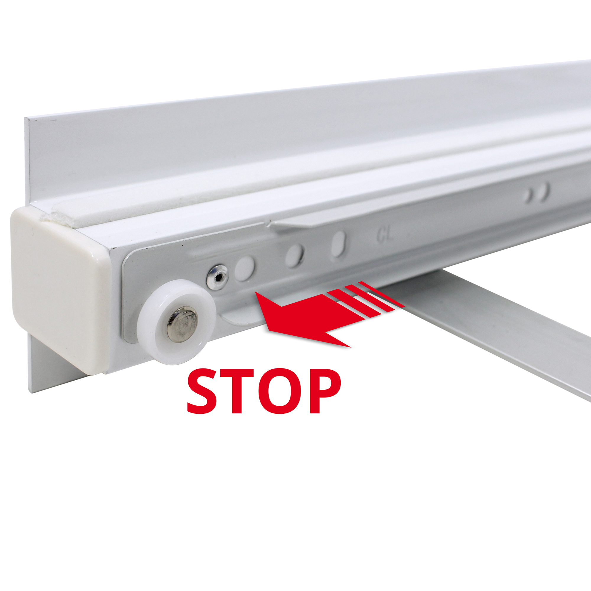 Biała prowadnica szuflady z czerwoną strzałką i napisem STOP.