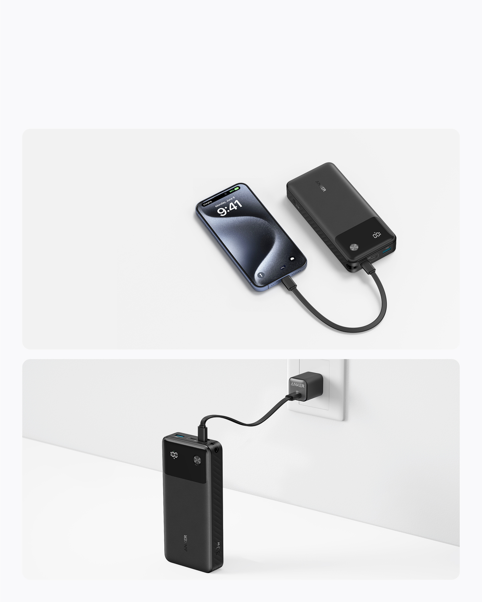 Power bank che carica un telefono e collegato a una presa a muro, in bianco e nero.