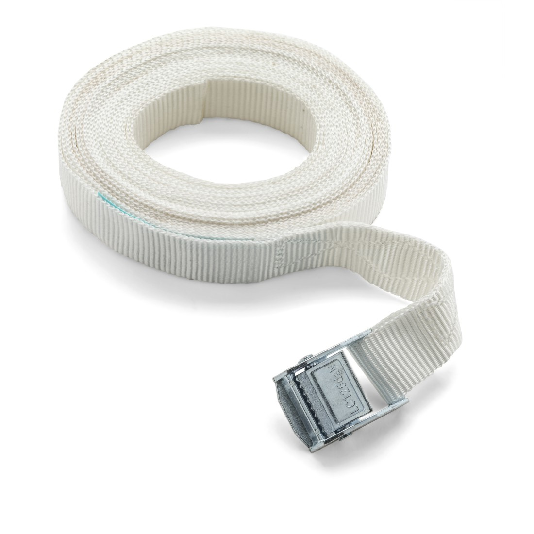 Sangle blanche enroulée avec une boucle métallique, sur fond blanc.