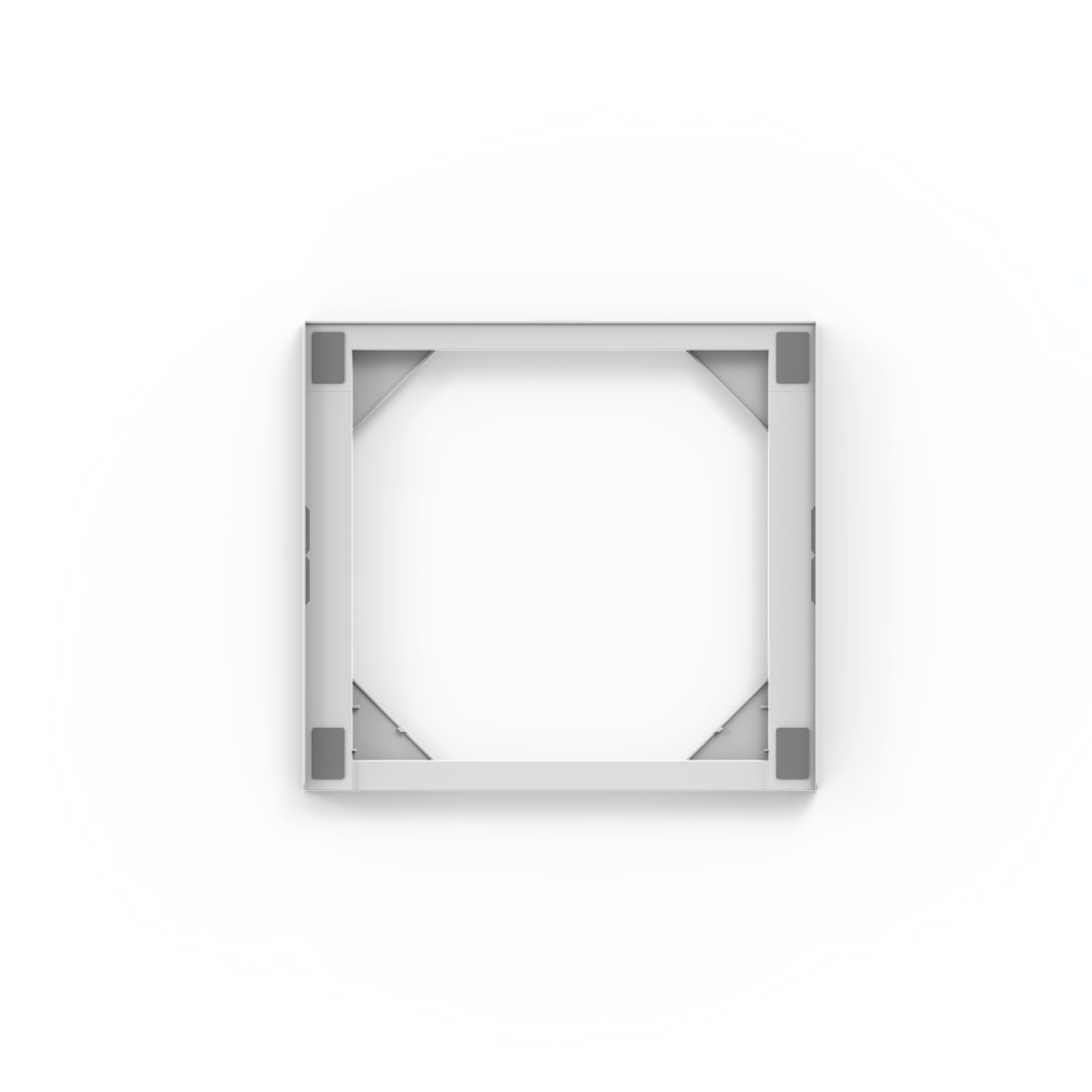 Cadre métallique carré avec coussinets d'angle gris sur fond blanc. Design simple.