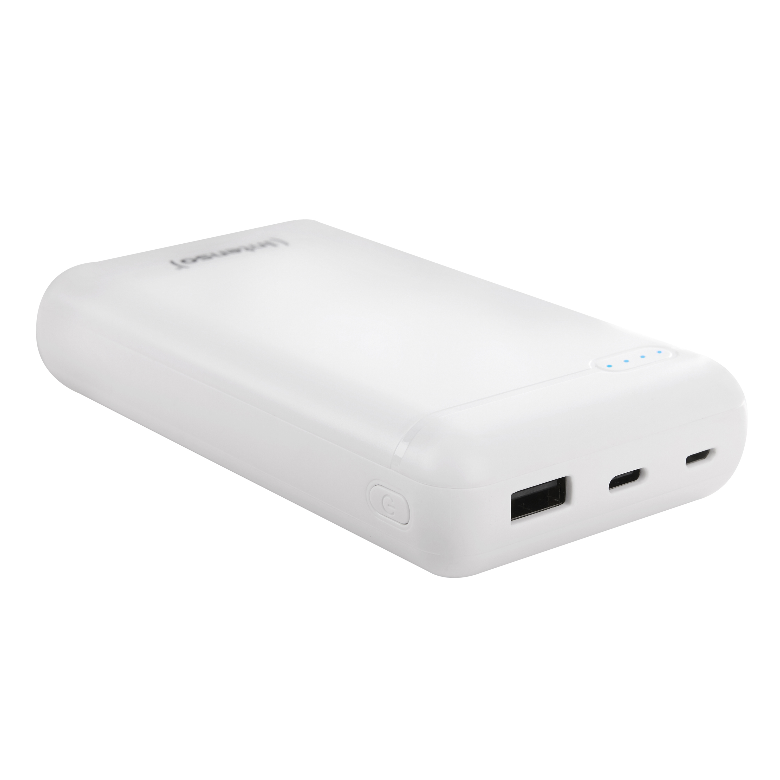Batería externa blanca con dos puertos USB y botón de encendido, luces indicadoras azules.