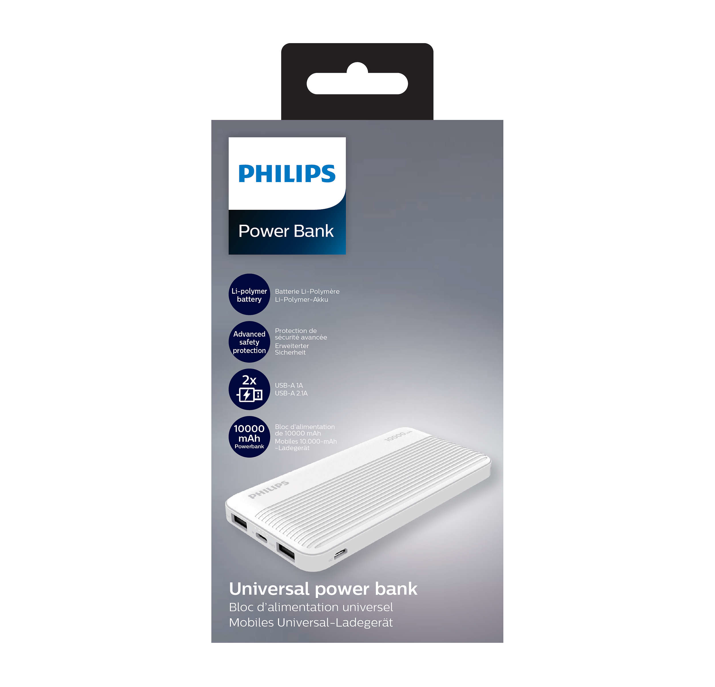 Batterie externe blanche avec logo Philips, emballée. Texte sur l'emballage.