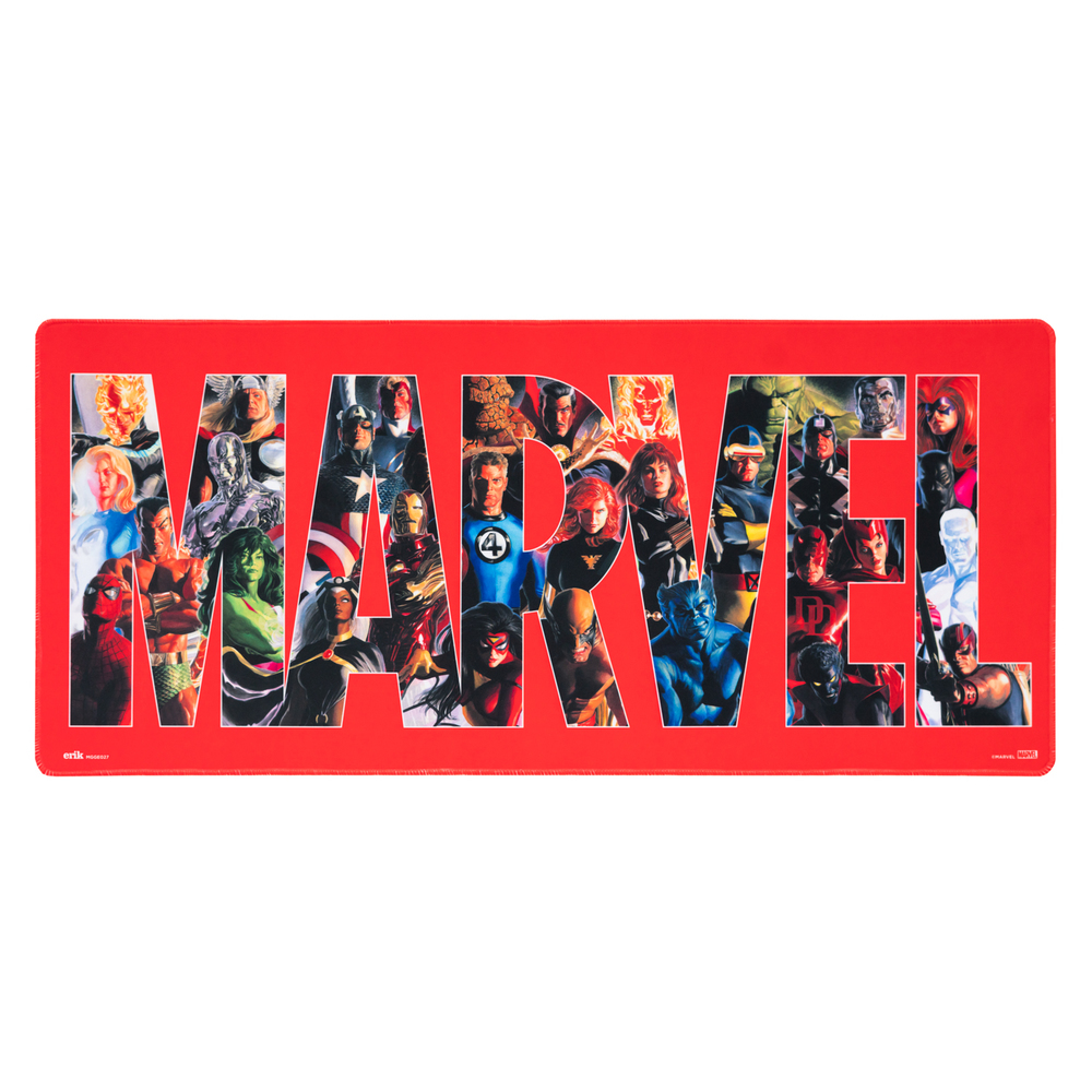 Rotes MARVEL-Logo mit verschiedenen Marvel-Charakteren in den Buchstaben, auf einer roten Matte.