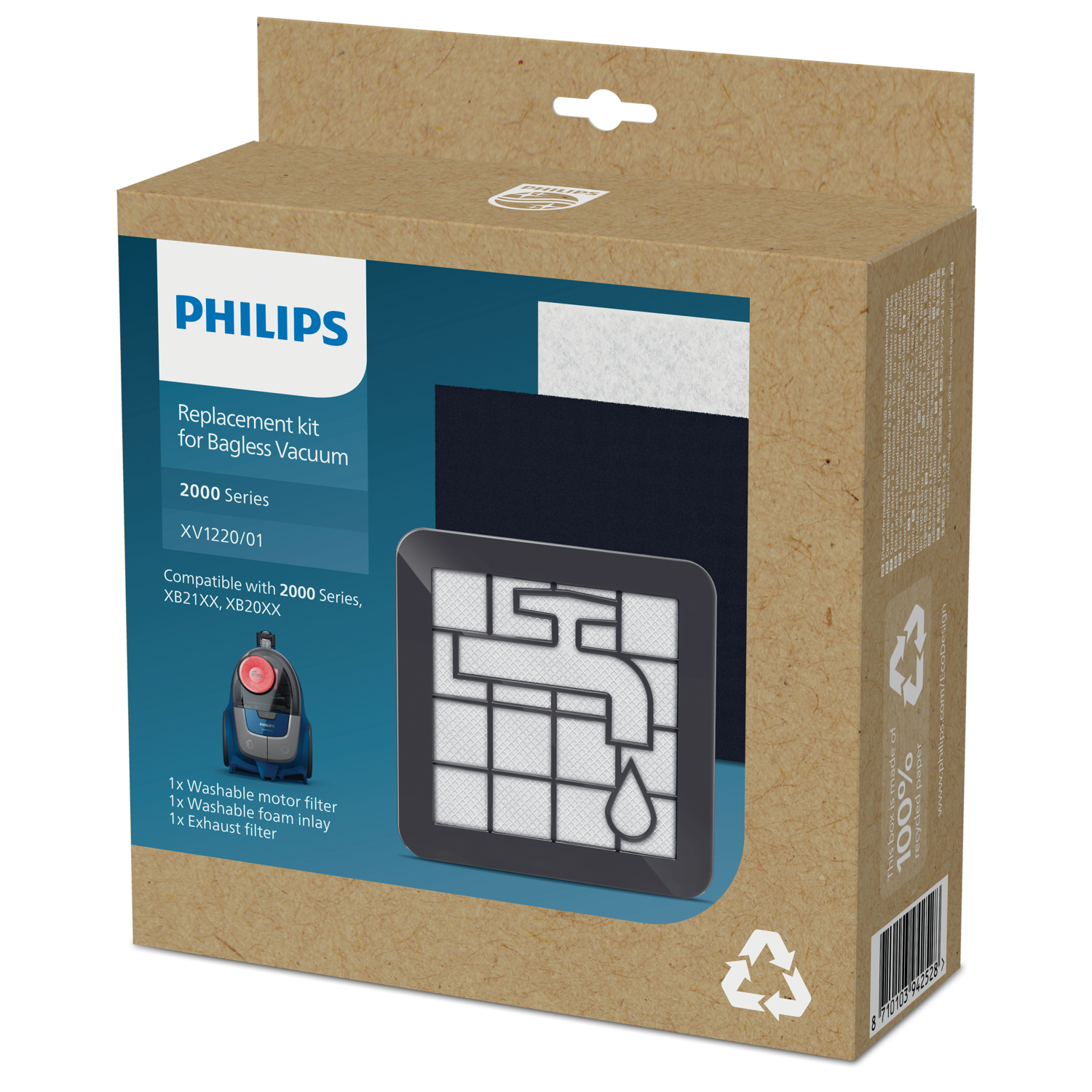 Pudełko zestawu zamiennego do odkurzacza Philips. Zawiera filtry i obraz odkurzacza.