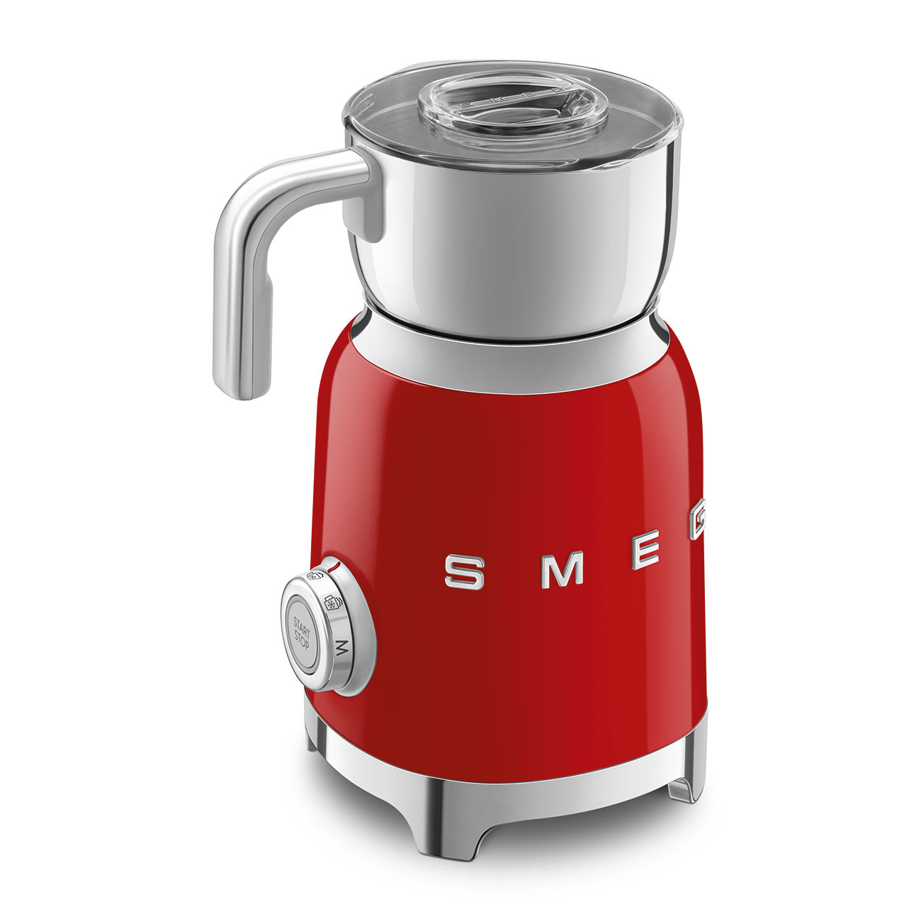 Roter SMEG Milchaufschäumer mit silbernem Griff und Boden, transparentem Deckel.