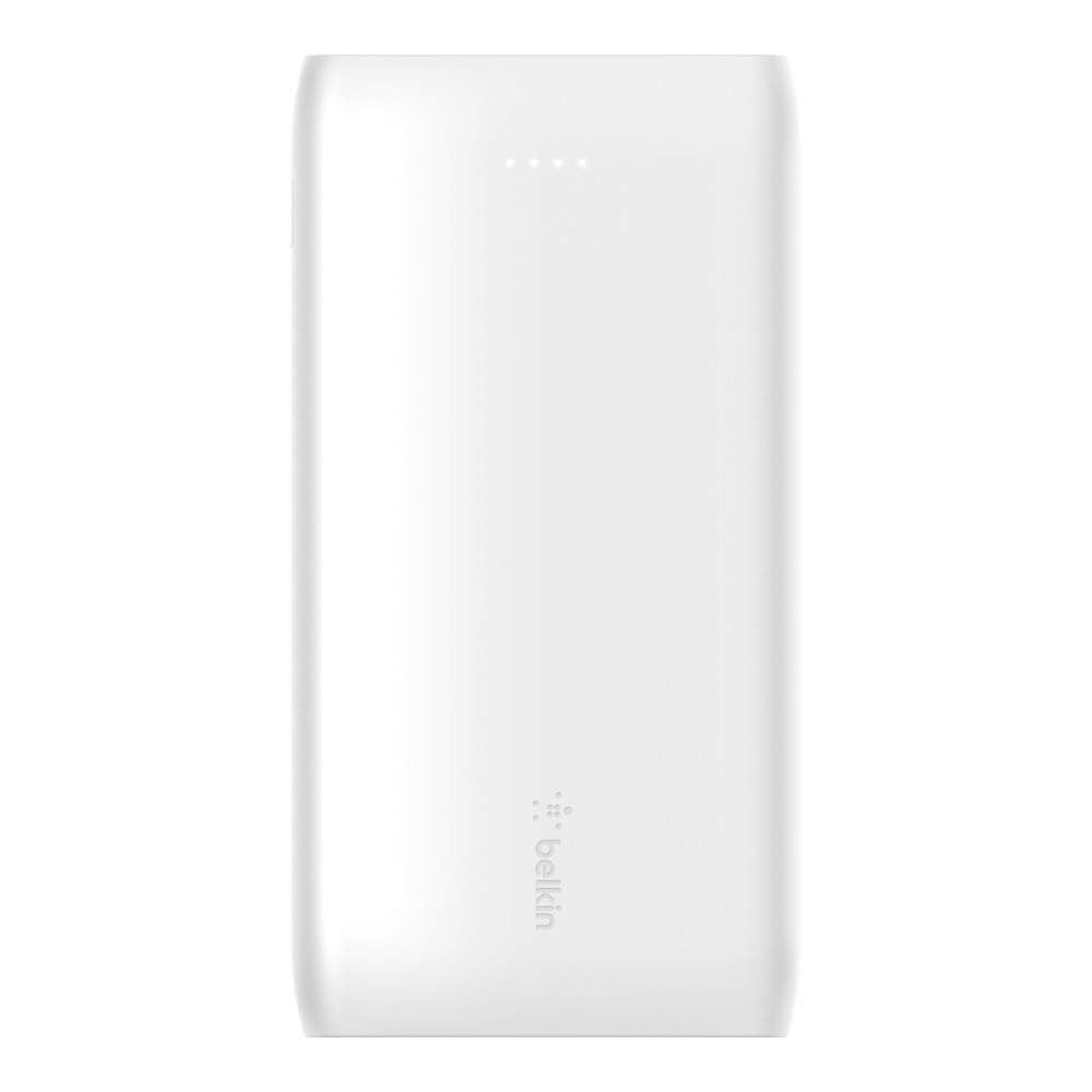 Cargador portátil blanco Belkin, con cuatro luces indicadoras en la parte superior y el logo Belkin abajo.