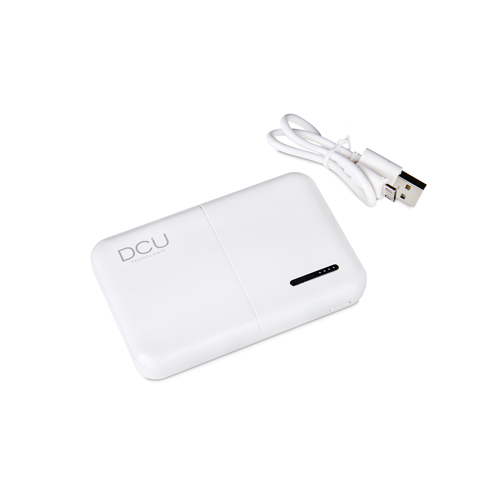 Power bank bianca con cavo USB. Il power bank ha il logo DCU Technologie.