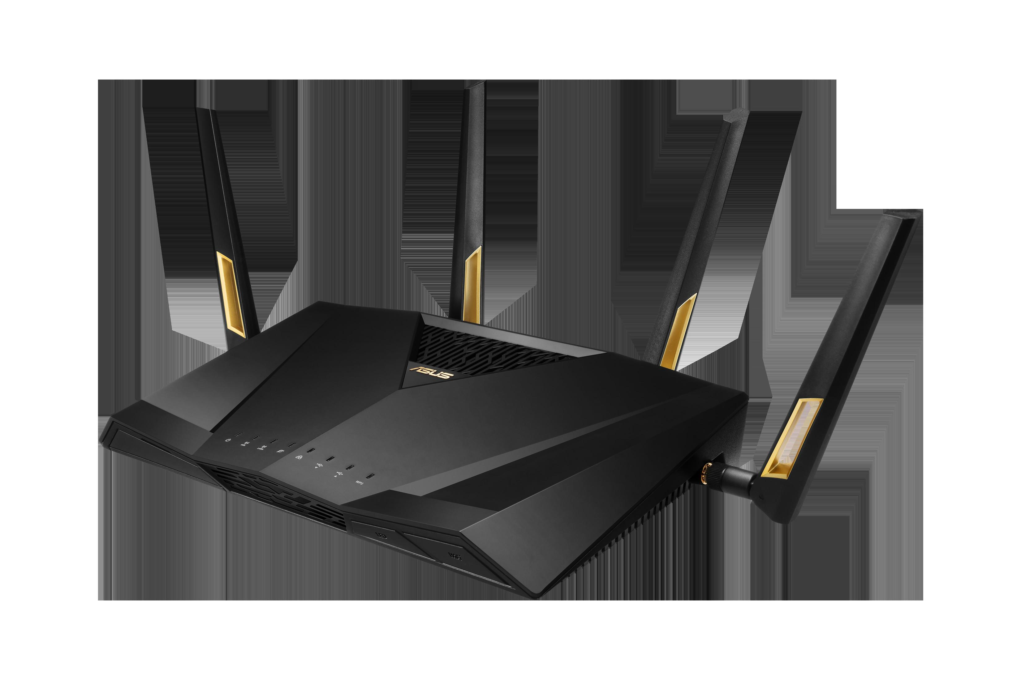 Czarny router ASUS z czterema antenami, złotymi akcentami i kontrolkami na górze.