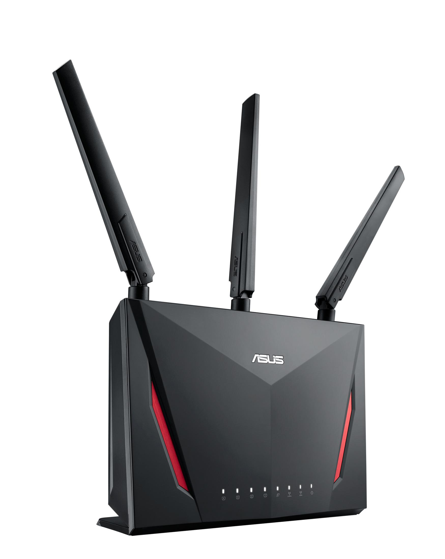 Czarny router ASUS z trzema antenami na białym tle, z czerwonymi akcentami i kontrolkami.