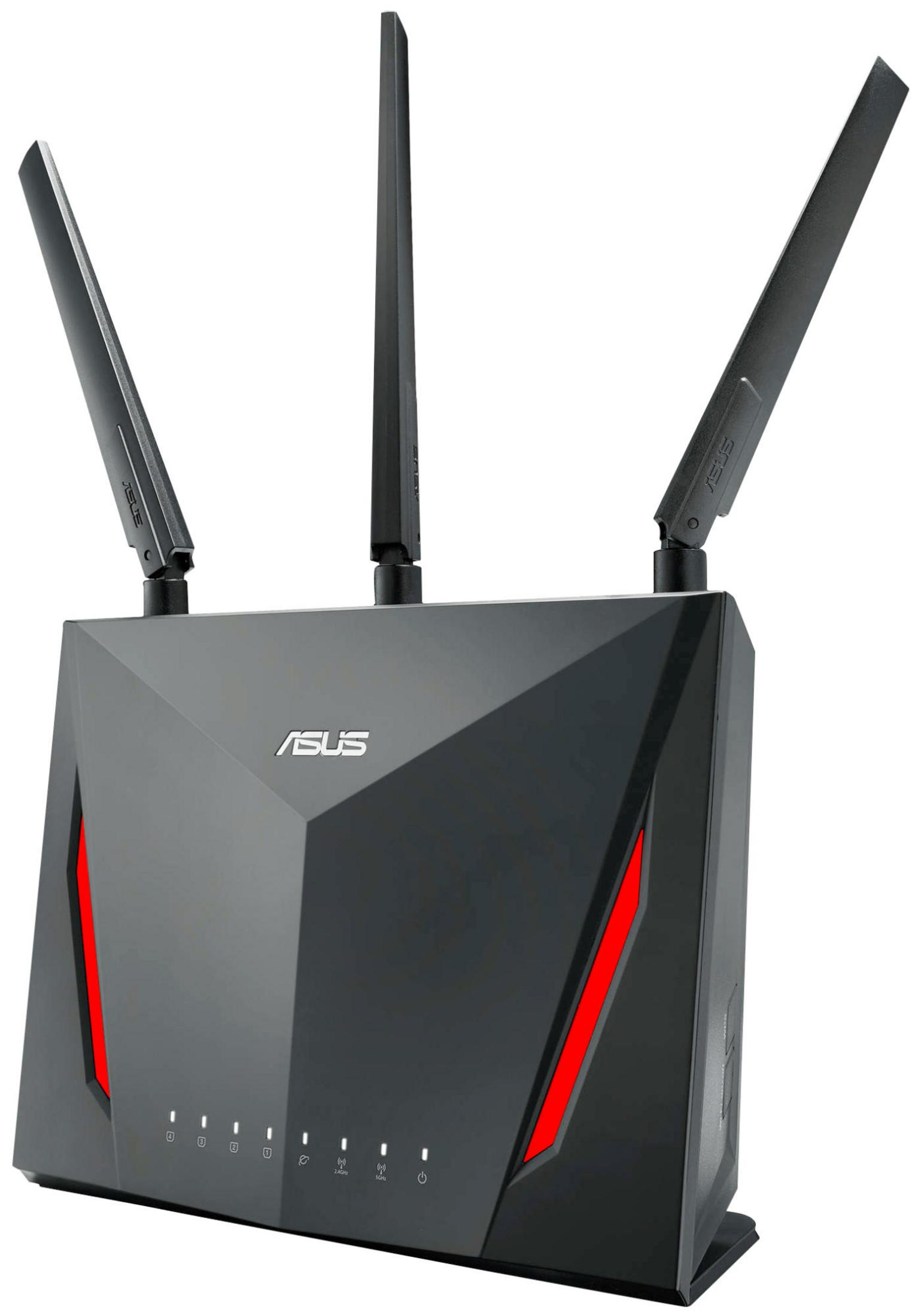 Czarny router ASUS z trzema antenami, czerwonymi akcentami i światłami na białym tle.