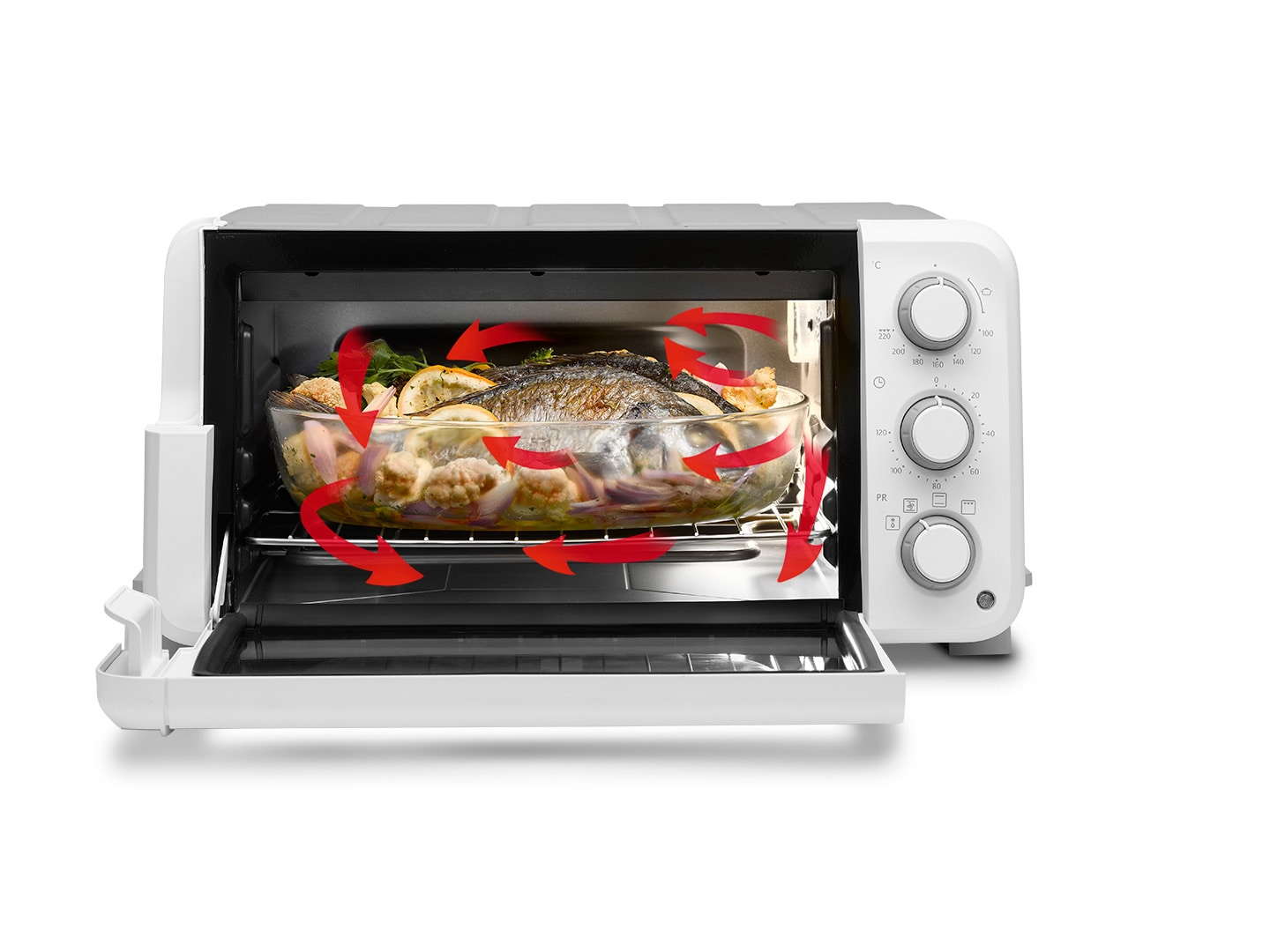 Horno blanco con la puerta abierta, mostrando una fuente de vidrio con pescado y verduras dentro.