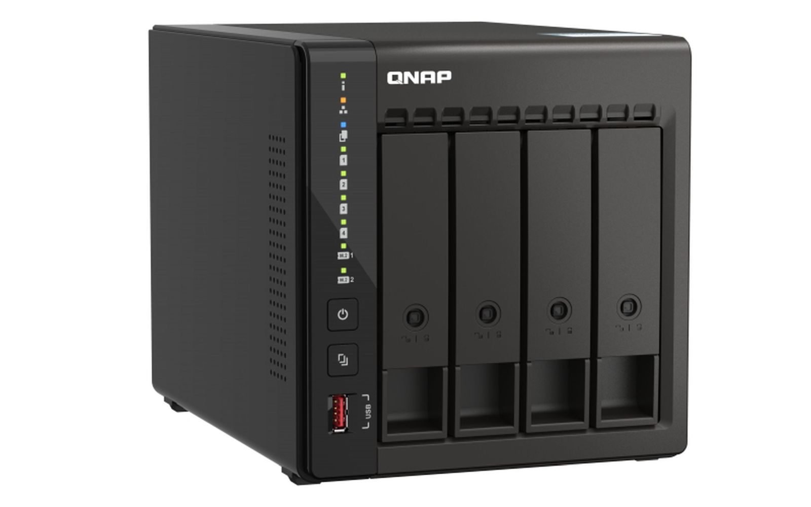 Ein schwarzes QNAP NAS-Gerät mit fünf Laufwerksschächten, Strom- und USB-Anschlüssen, auf weißem Hintergrund.