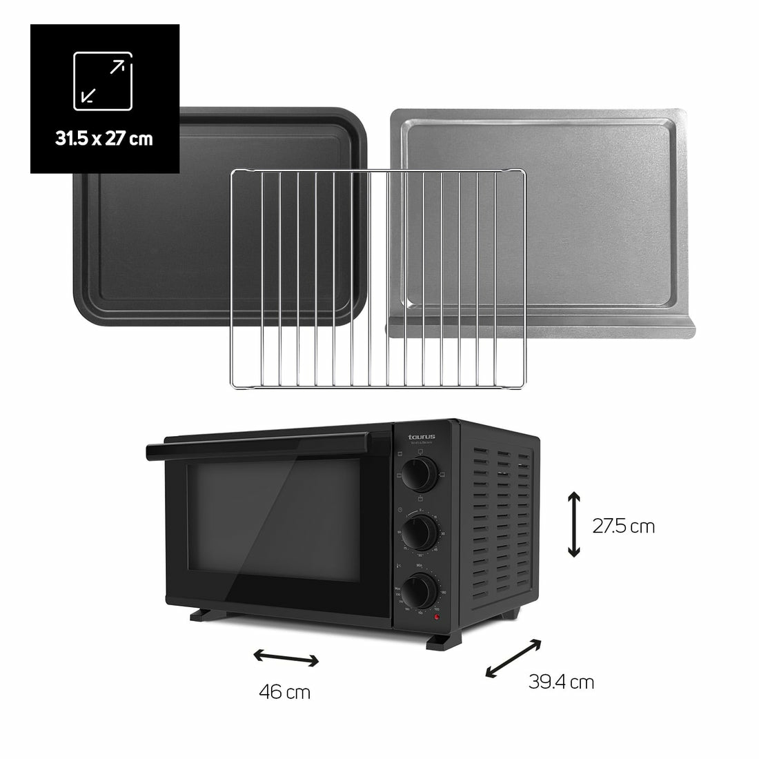 Un horno con dimensiones y componentes, junto con un horno negro y bandejas.