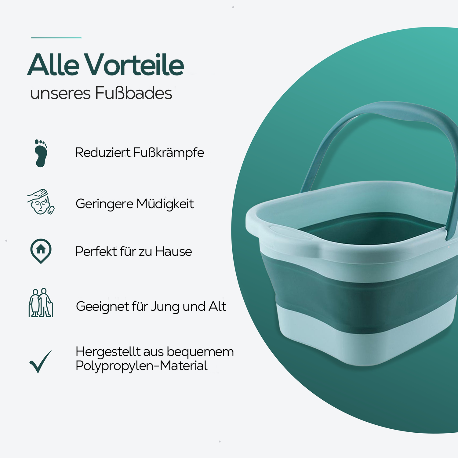 Ein hellblaues und weißes zusammenklappbares Fußbad mit Text auf grünem Grund.