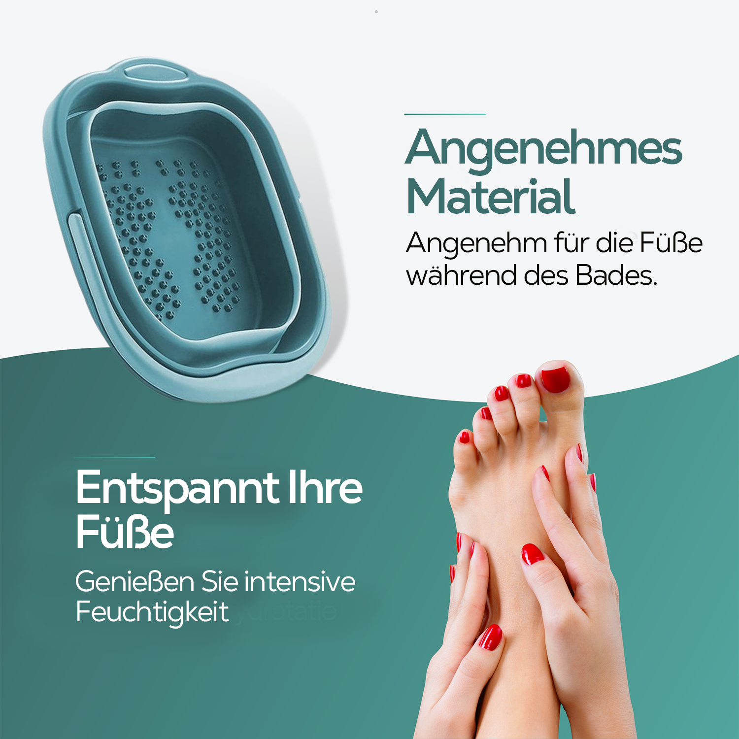 Ein Fußbad und die Füße einer Frau. Das Bad ist blaugrün mit strukturierter Oberfläche. Die Füße haben roten Nagellack.