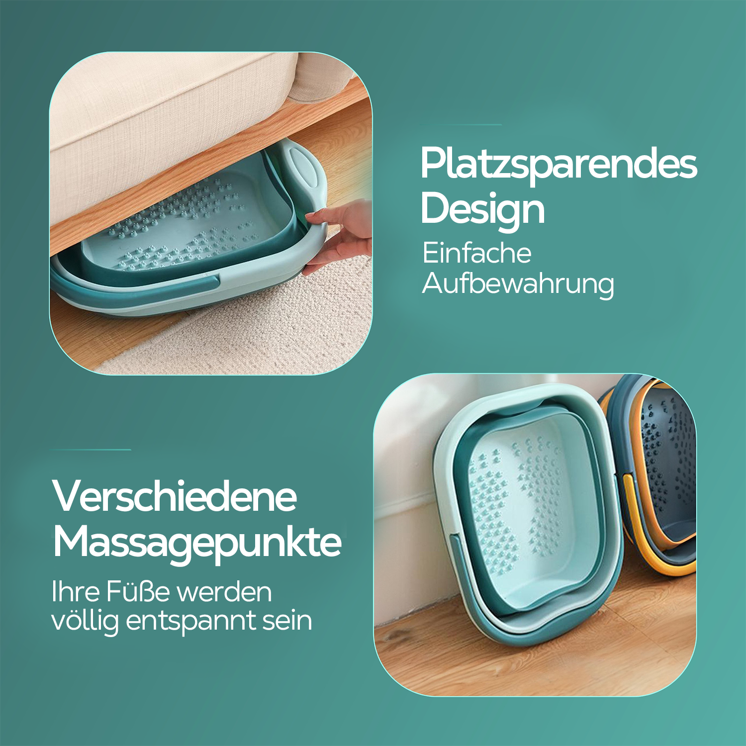 Fußbad in zwei Farben. Eines wird unter einem Bett verstaut. Text: Massagepunkte entspannen Ihre Füße.