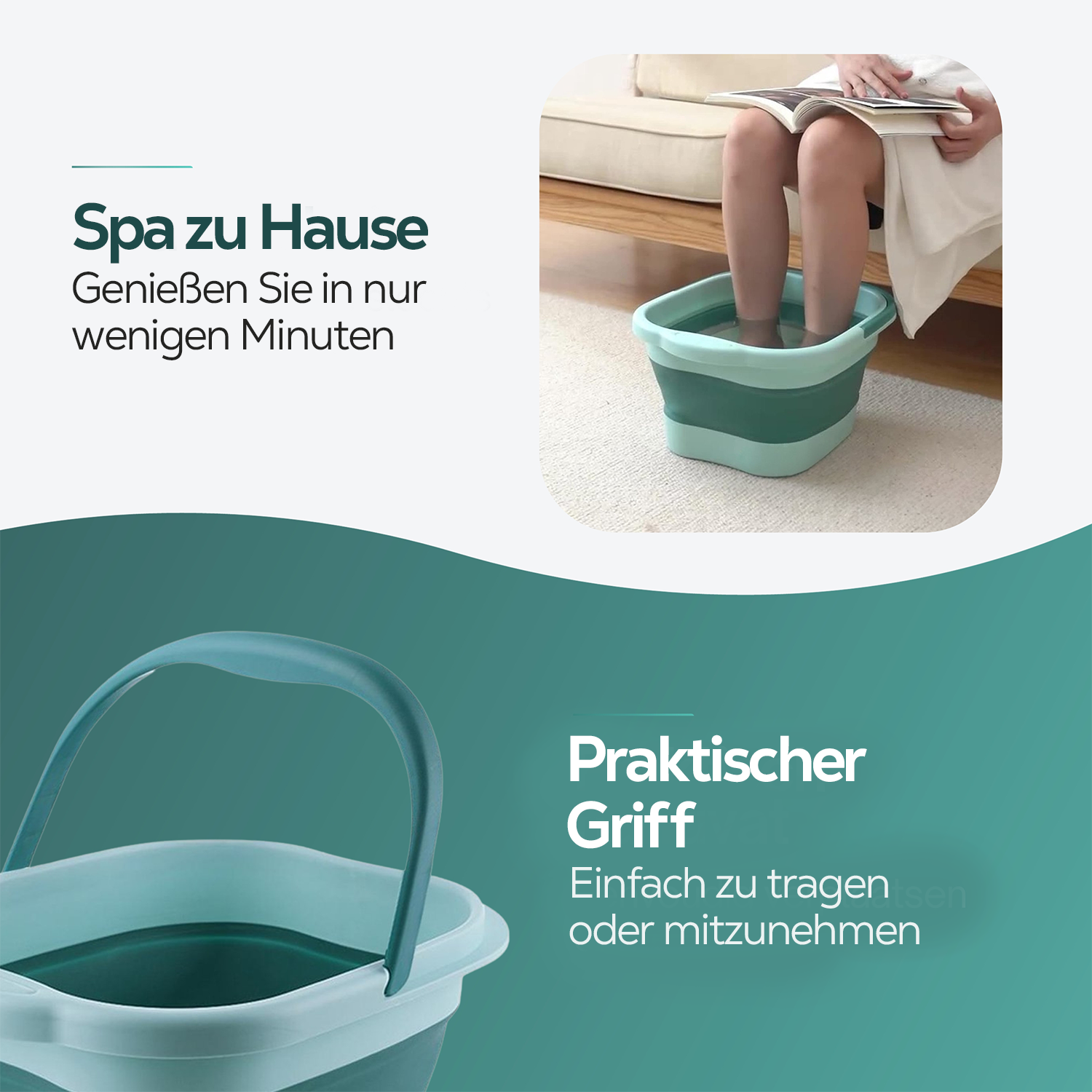 Füße einer Person in einem Fußbad. Ein türkis-weißer Spa-Eimer wird mit Text gezeigt.