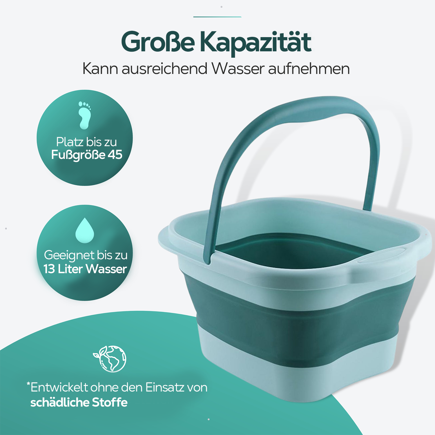 Faltbarer türkis-weißer Eimer mit Griff, Text und Icons auf weißem Hintergrund.