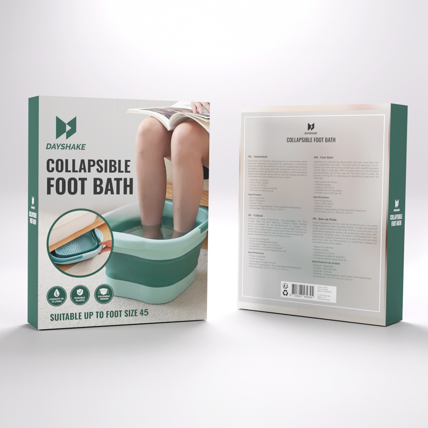 Eine Fußbad-Box. Die Box zeigt das Produkt und Informationen über das Produkt.