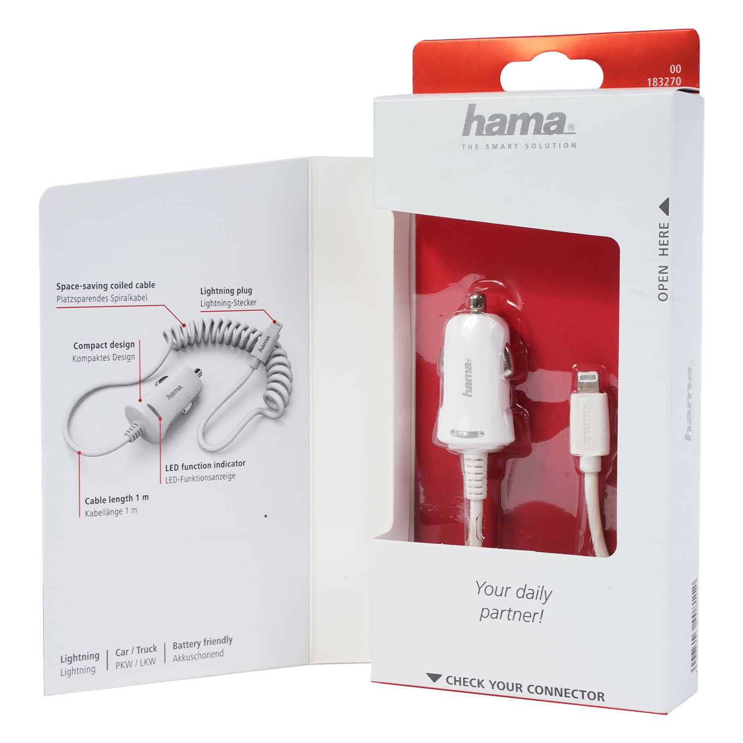 Weiße und rote Box mit Autoladegerät und Kabel, Produktinformationen und Beschreibung.