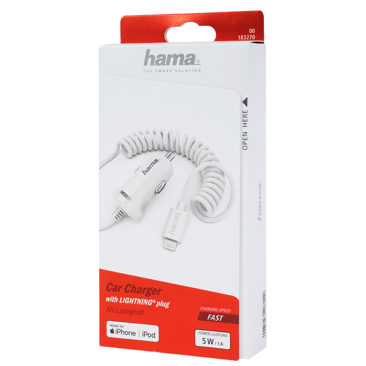 Ein weißes Autoladegerät mit Lightning-Stecker, verpackt in einer weißen Box mit Text und Logos.