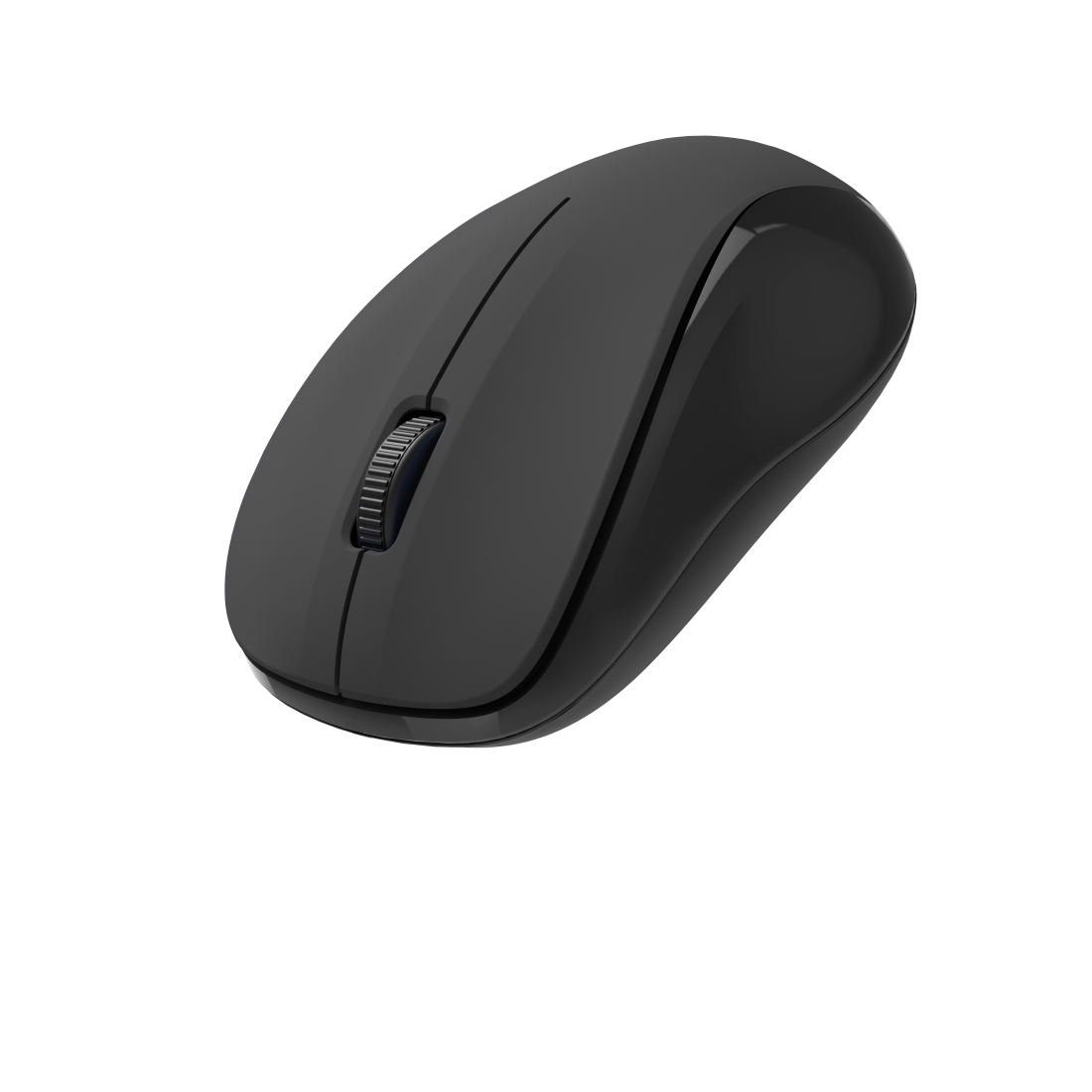Mouse wireless nero con rotella e due pulsanti su sfondo bianco.