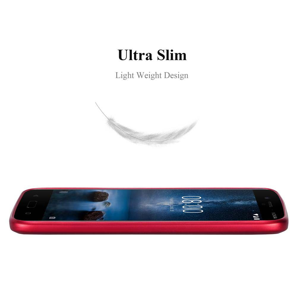 Rotes Smartphone auf weißem Hintergrund. Text: Ultra Slim, Light Weight Design.