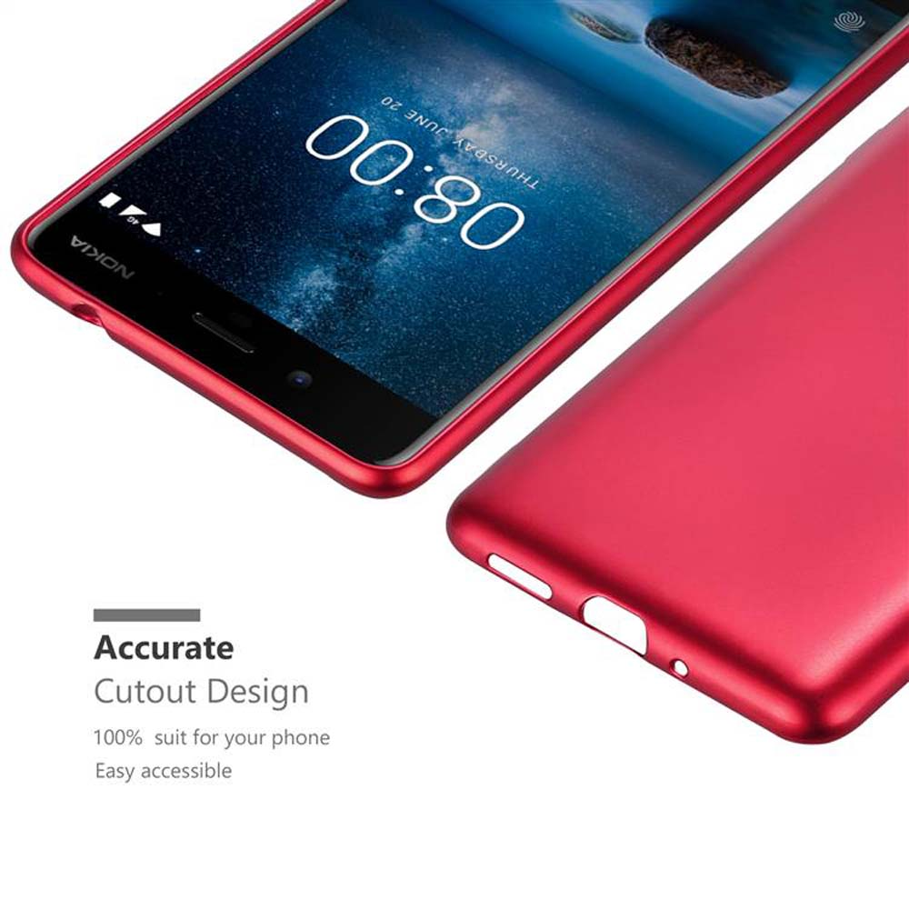 Rotes Telefon mit Hülle, schwarzer Bildschirm zeigt Zeit. Weißer Text liest sich 'Nokia' und Details.