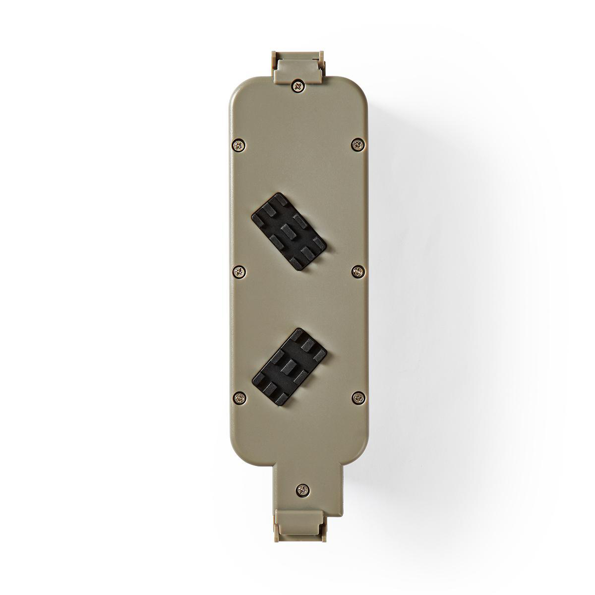 Una regleta rectangular gris claro. Tiene dos almohadillas de goma negras y orificios para tornillos.